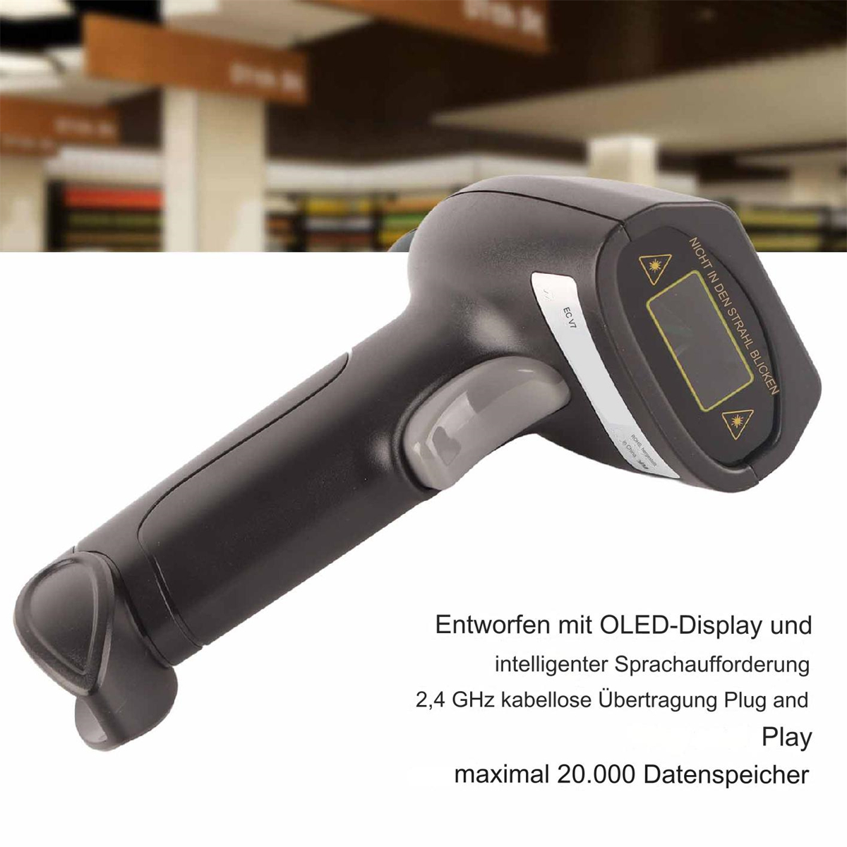 Ein schwarzer Barcodescanner mit OLED-Display und Text, nach links geneigt.