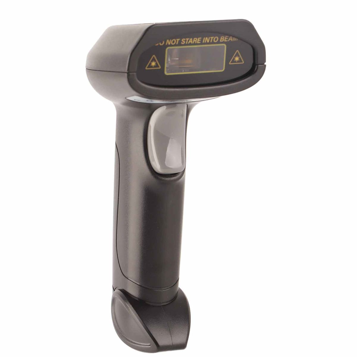 Schwarzer Barcodescanner mit grauer Taste und Warntext oben.