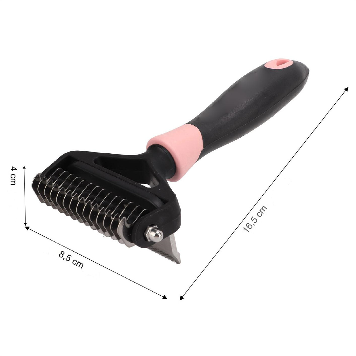 Pflegegerät für Haustiere mit schwarzem Griff, pinkfarbenem Akzent und Metallklingen. Maße.