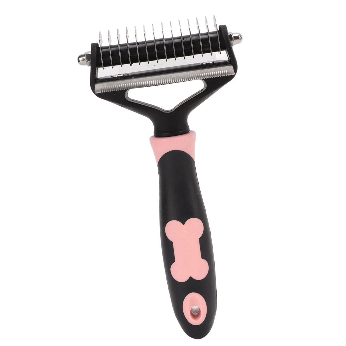 Ein Fellpflege-Werkzeug mit Metallklingen und einem schwarz-rosa Griff wird gezeigt.