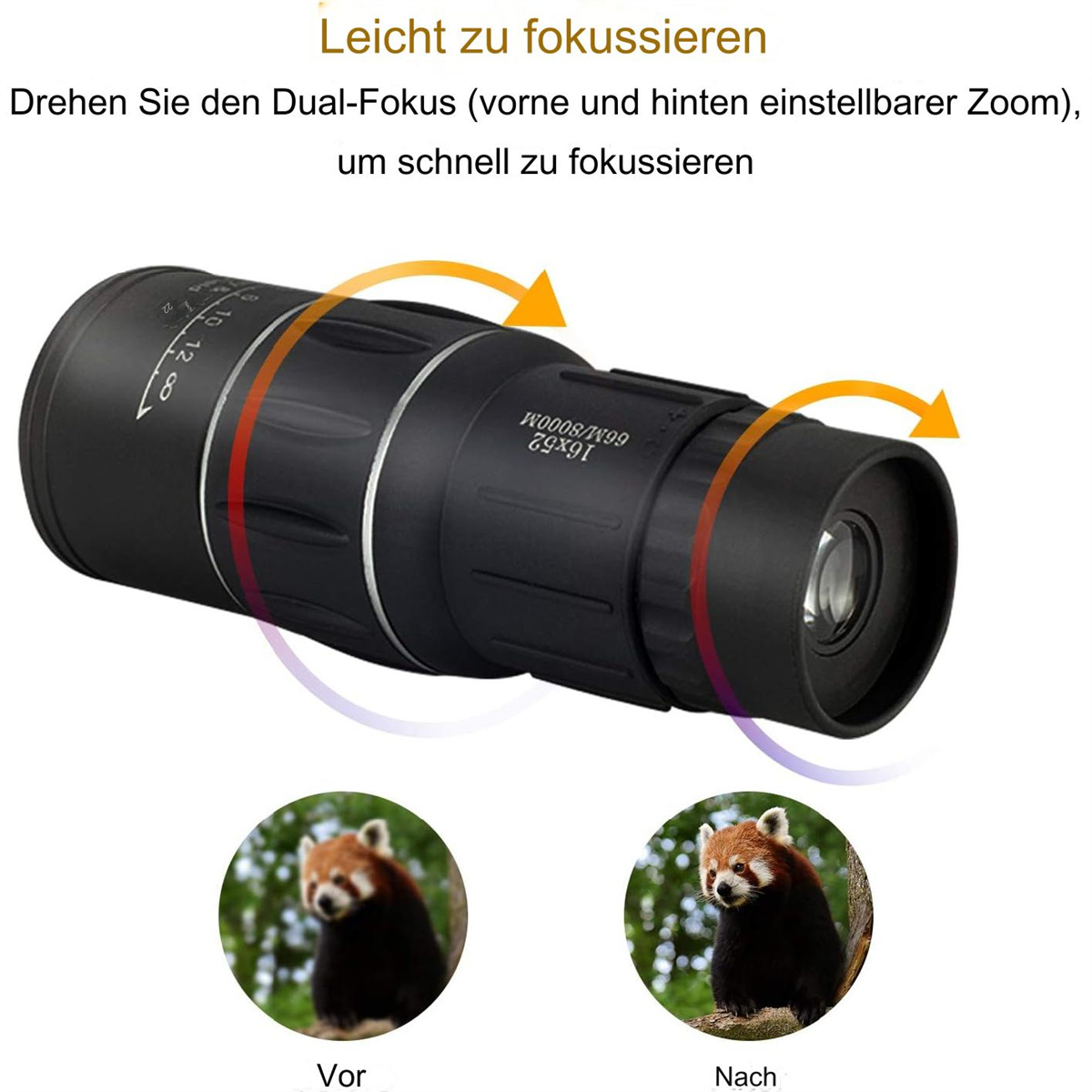 Ein schwarzes Monokular mit Dual-Fokus-System, das Bilder eines roten Pandas vor und nach dem Zoomen zeigt.