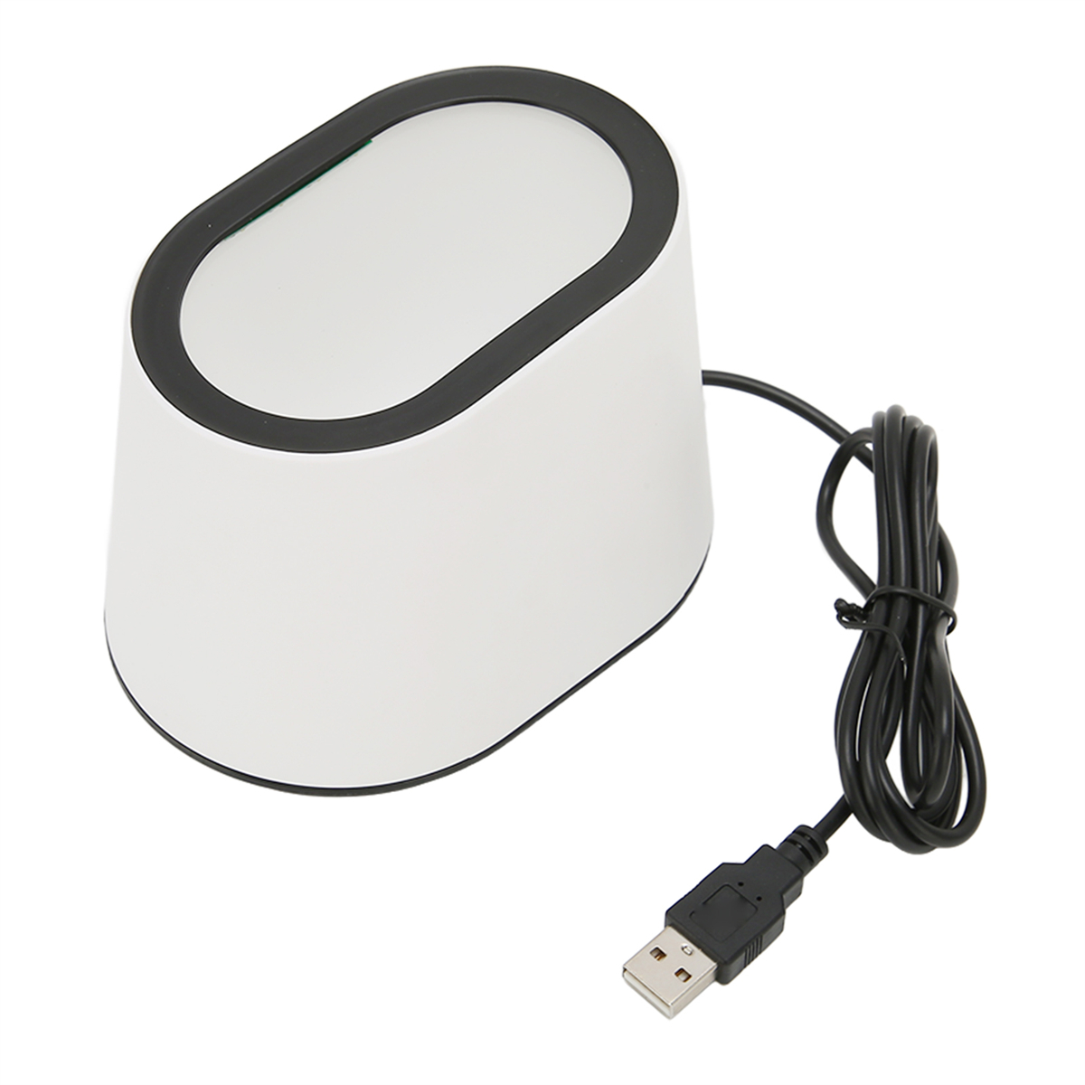 Weißer Sockel mit schwarzem ovalen Oberteil und einem USB-Kabel. Das Oberteil hat ein schwarzes Oval.