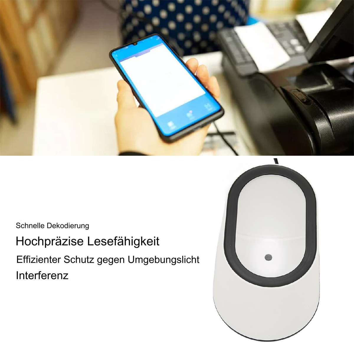 Eine Person hält ein Telefon mit blauem Bildschirm über einem weißen Scanner. Text auf Deutsch.