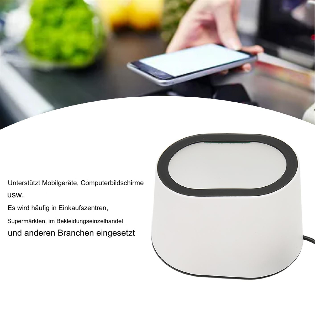 Ein weißes Gerät, möglicherweise ein Scanner, mit schwarzem Rand, neben einem Smartphone auf einer Arbeitsplatte.