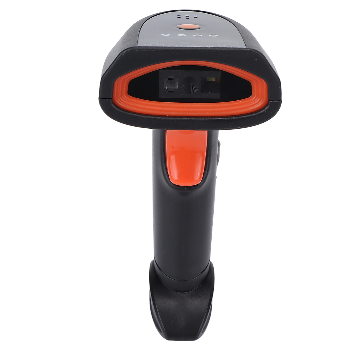 Ein schwarz-oranger Barcode-Scanner, von oben betrachtet, auf weißem Hintergrund.