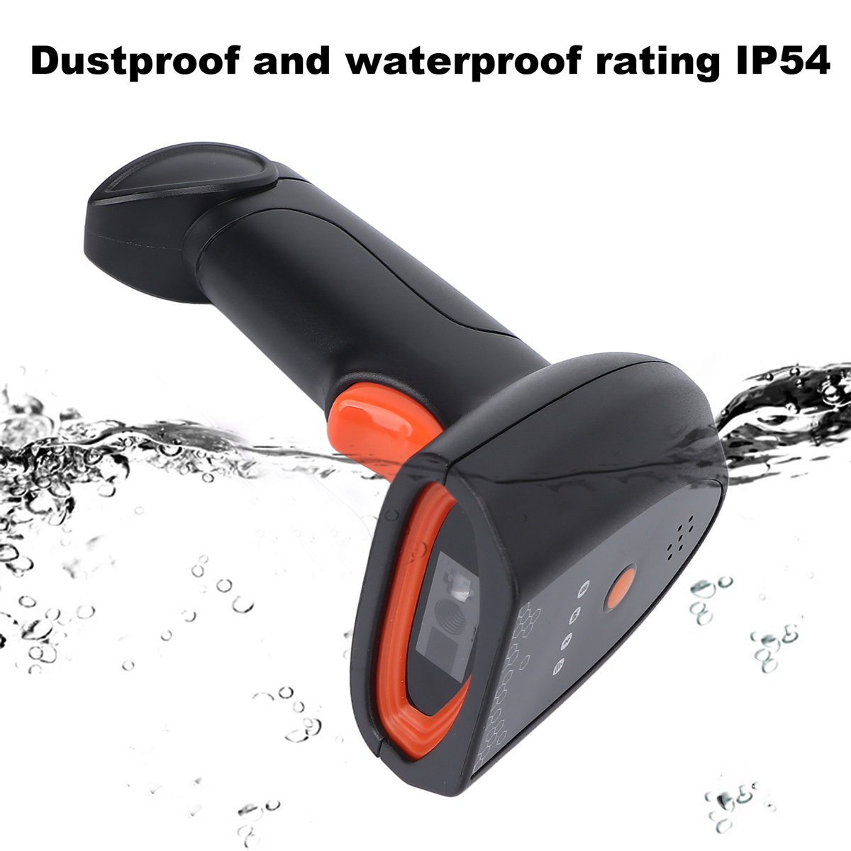 Schwarzer und oranger Handheld-Barcode-Scanner im Wasser, IP54.
