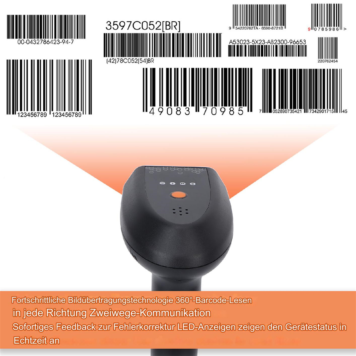 Schwarzer Barcode-Scanner mit mehreren Barcodes im Hintergrund. Oranges Licht vom Scanner.