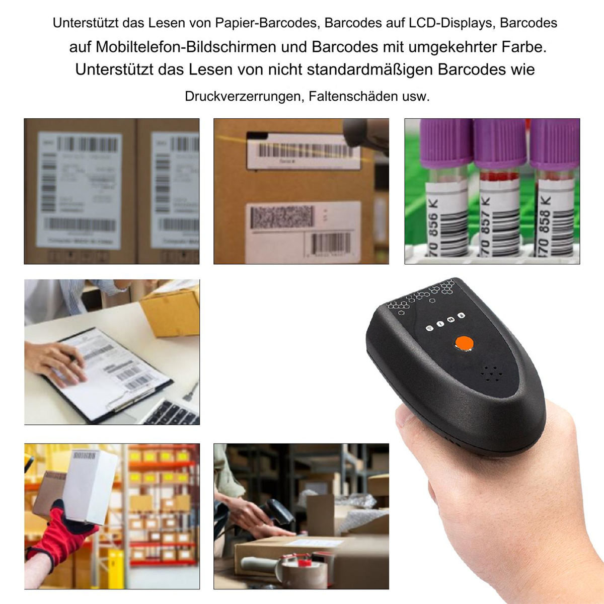 Hand hält einen schwarzen Barcode-Scanner. Bilder von Barcodes und Paketen veranschaulichen seine Verwendung.