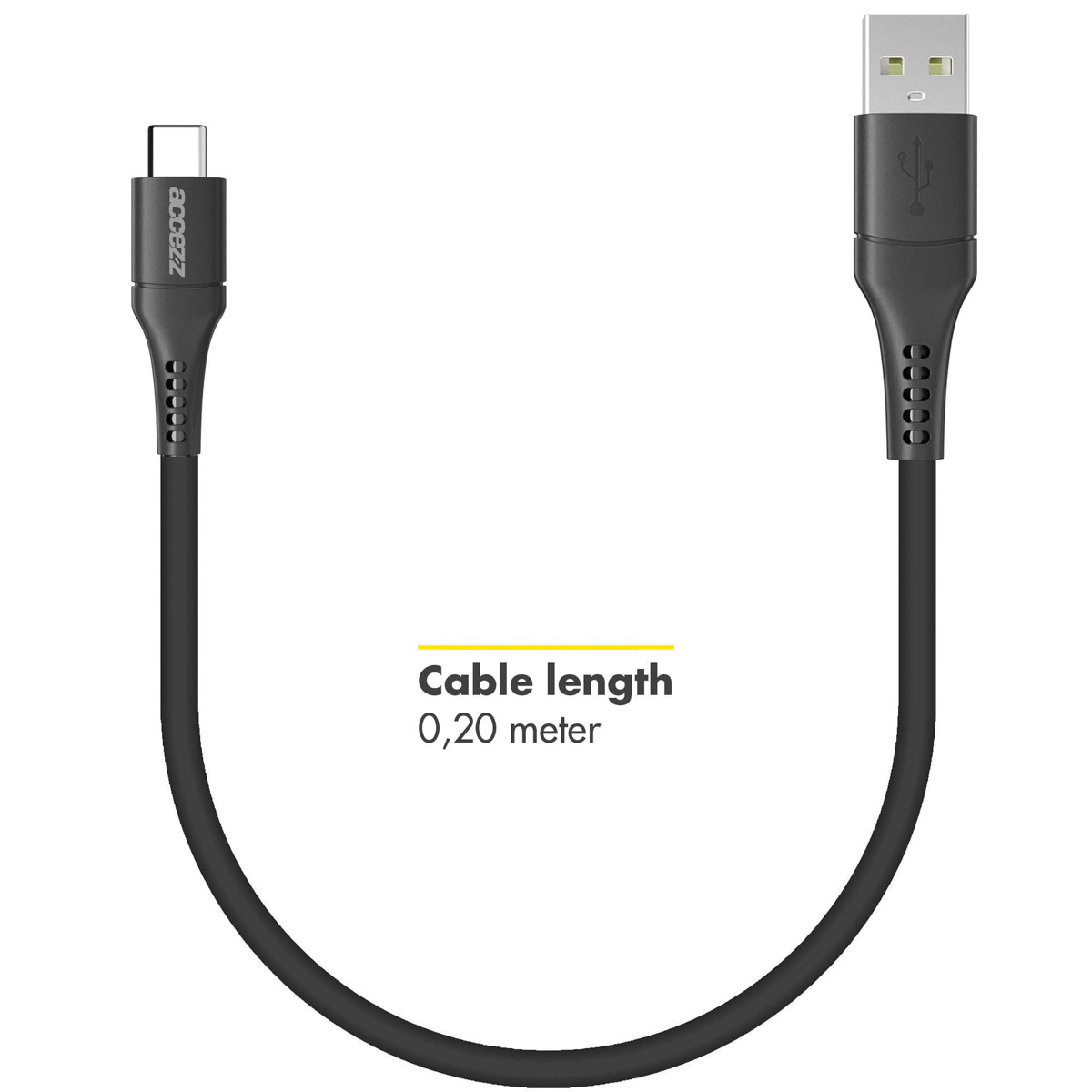 Un câble noir USB vers USB-C, avec la longueur du câble indiquée comme 0,20 mètre.