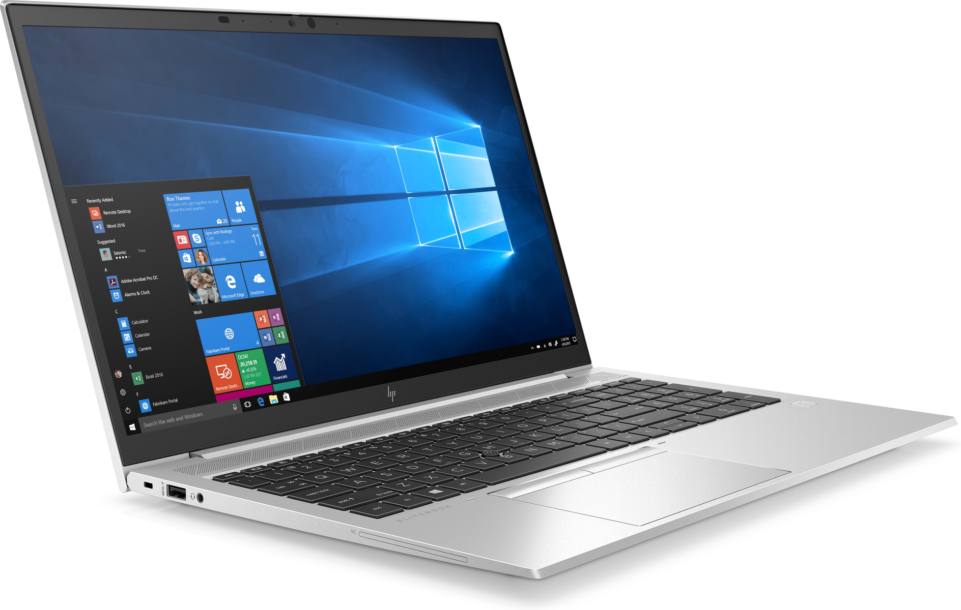 Ein silberner Laptop, geöffnet, zeigt einen Windows-Bildschirm auf weißem Hintergrund.