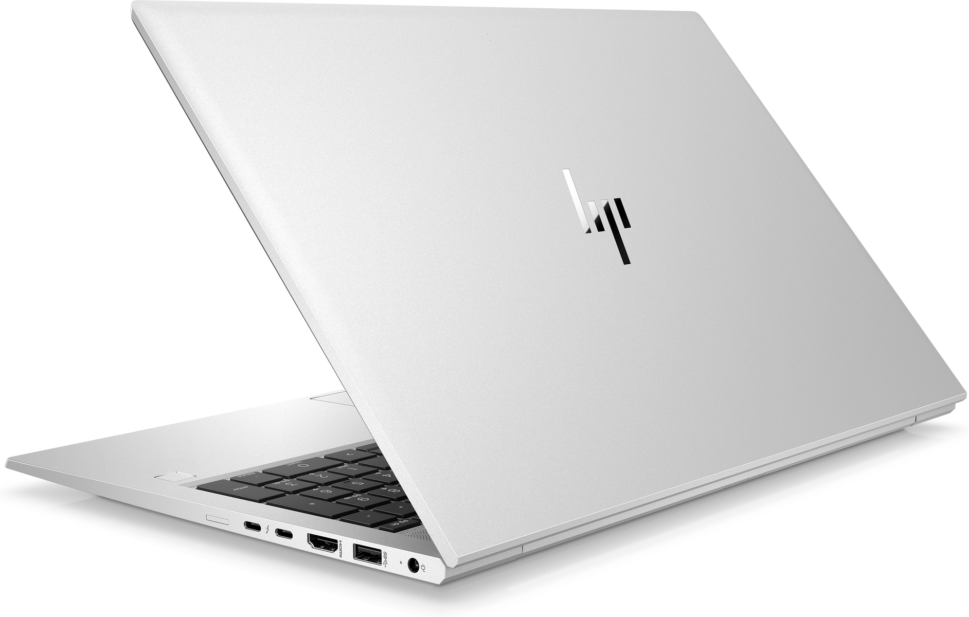 Silberner Laptop, offen, Rückansicht. HP-Logo, Tastatur sichtbar, Anschlüsse auf der linken Seite.