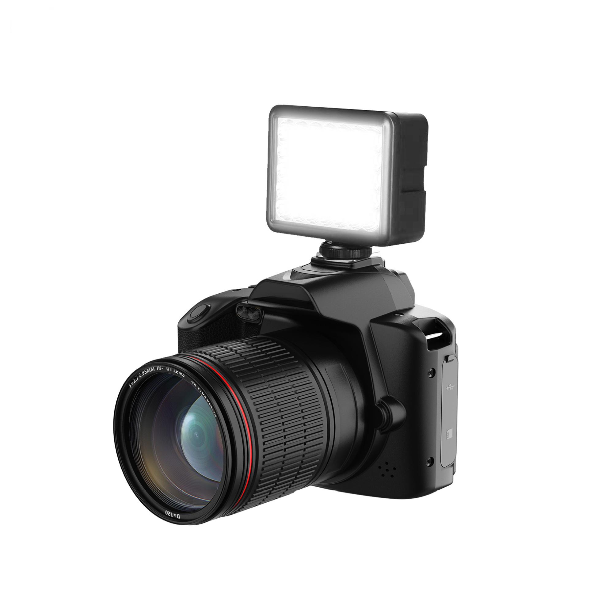 Schwarze DSLR-Kamera mit aufgesetztem Licht. Weißer Hintergrund.