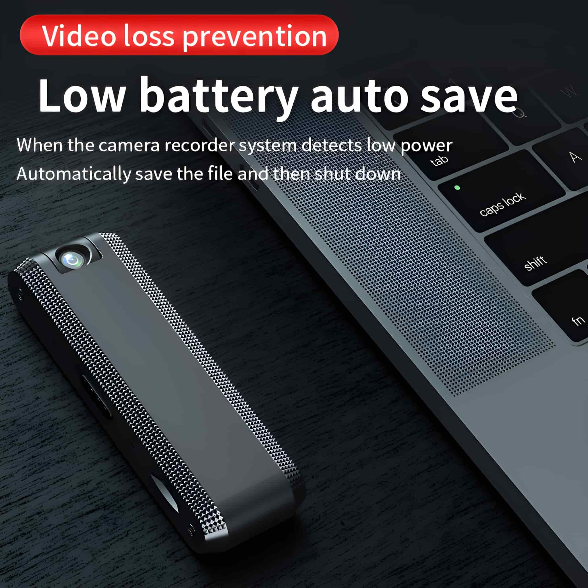 Ein schwarzes Gerät mit Laptop und Text über Videoverlustverhinderung. Der Laptop steht auf dunkler Oberfläche.