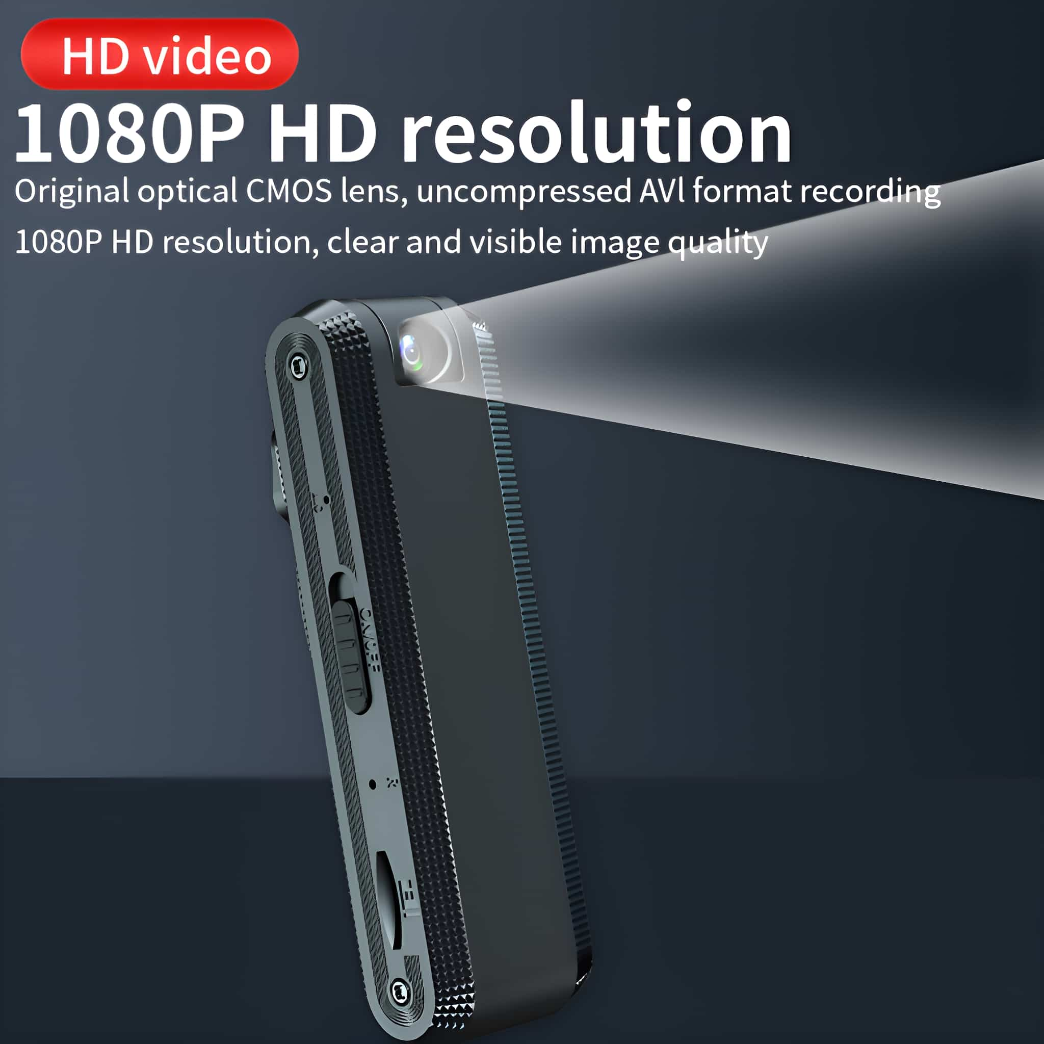 Schwarzes Gerät mit Linse, das einen Lichtstrahl zeigt, mit Text, der 1080p HD-Auflösung angibt.
