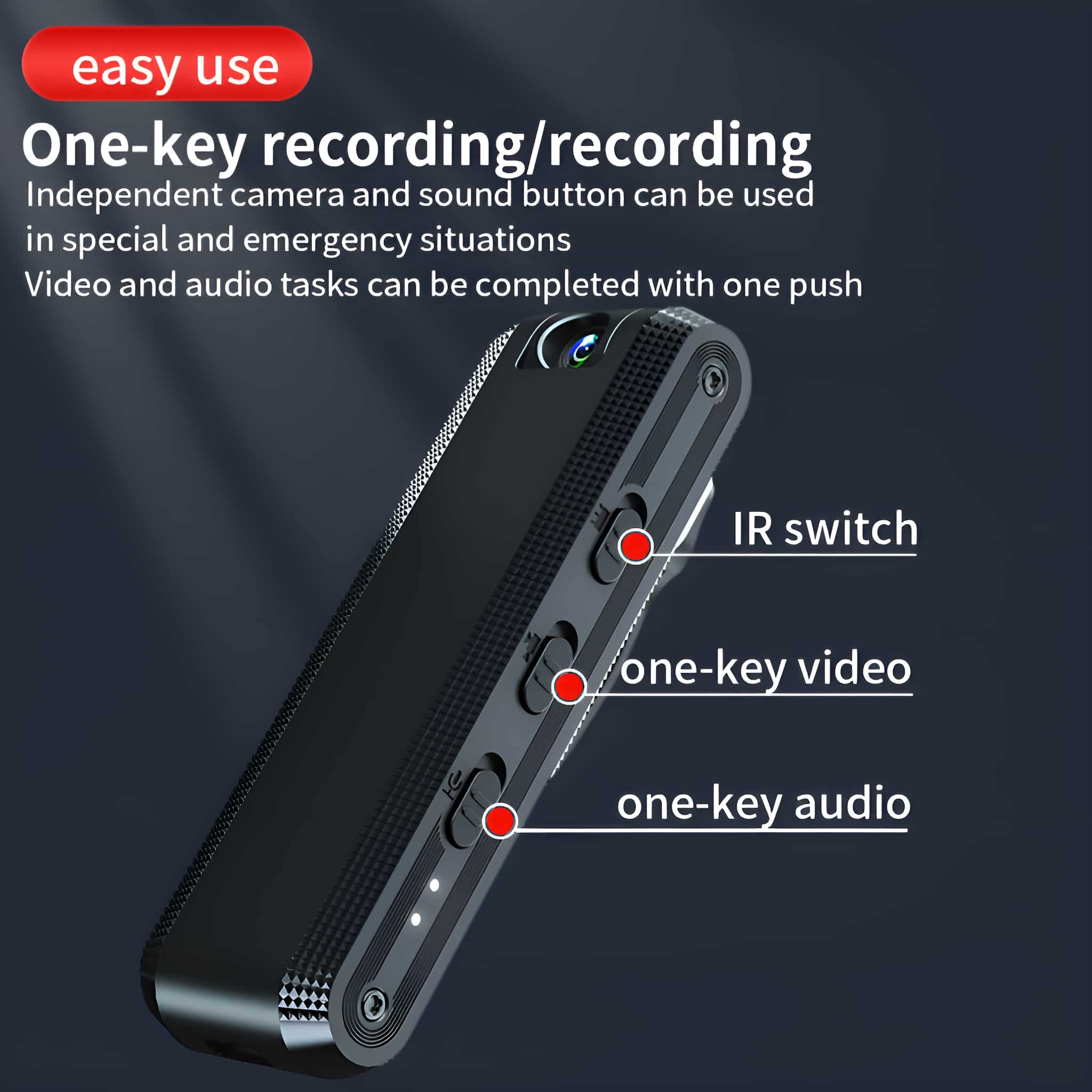 Schwarzes Gerät mit drei roten Knöpfen. Es steht: 'One-Key-Aufnahme/Video/Audio' und 'IR-Schalter'.