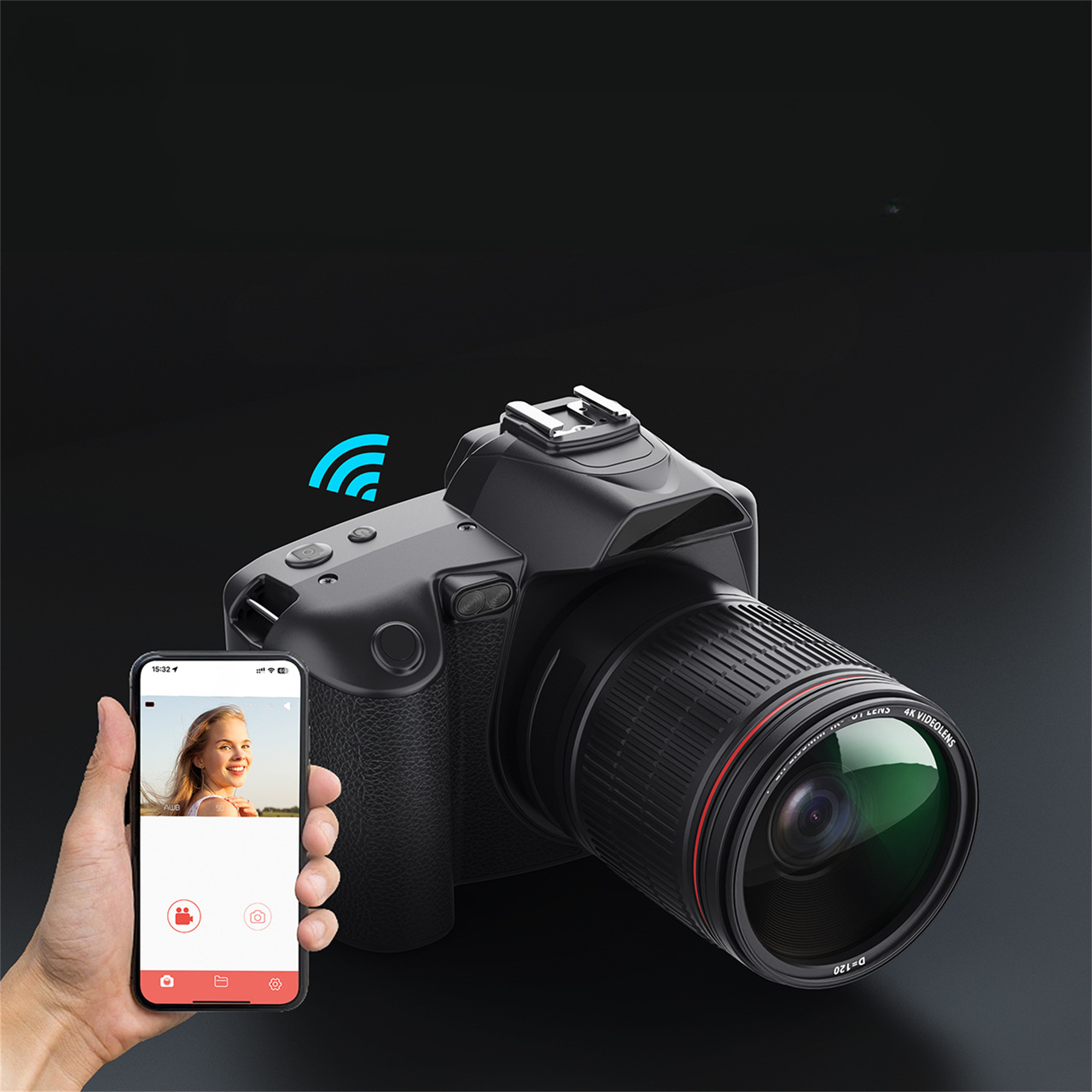 Eine Person, die eine Kamera benutzt, mit einem Smartphone, das die Ansicht der Kamera zeigt.