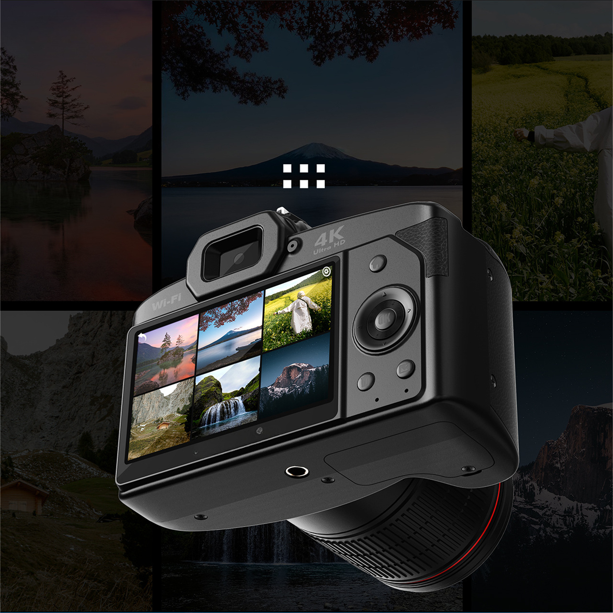 Eine schwarze Digitalkamera mit Objektiv, die Bilder auf ihrem Bildschirm anzeigt, umgeben von Landschaftsfotos.