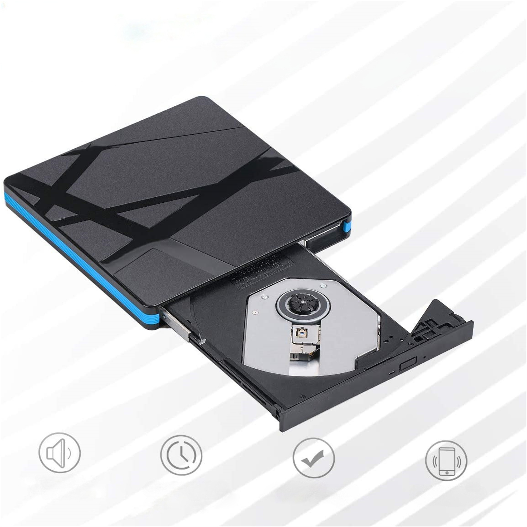 Schwarzes und blaues externes CD/DVD-Laufwerk mit geöffnetem Fach. Symbole für Ton, Zeit, Häkchen und Telefon.