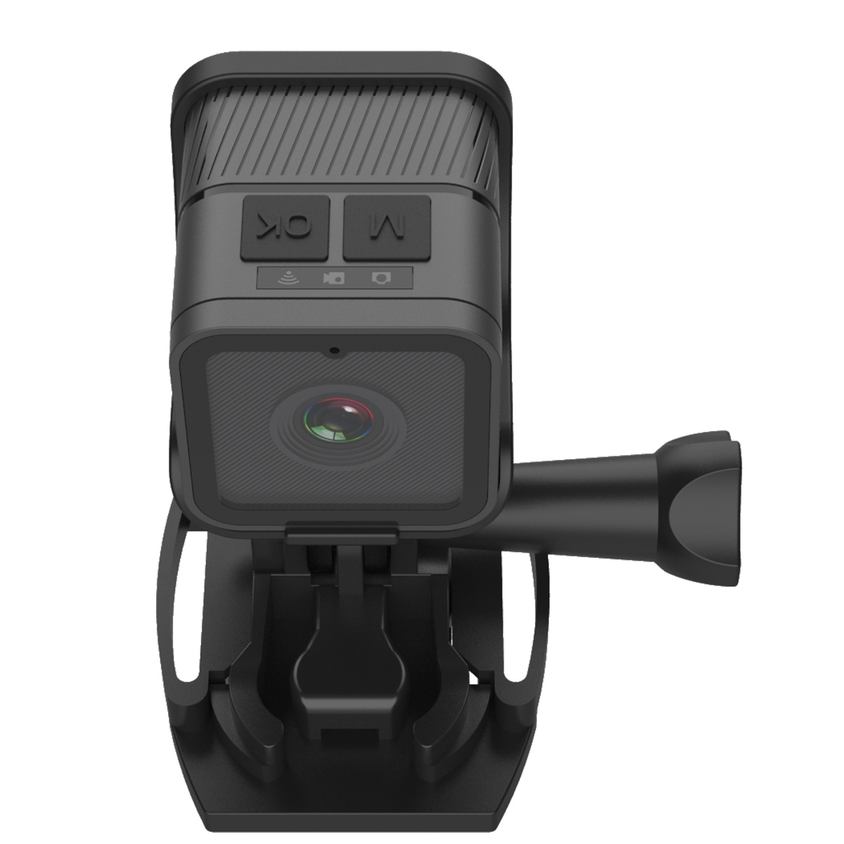Eine kleine schwarze Action-Kamera auf einem schwarzen Ständer. Es hat zwei Knöpfe und ein Objektiv.