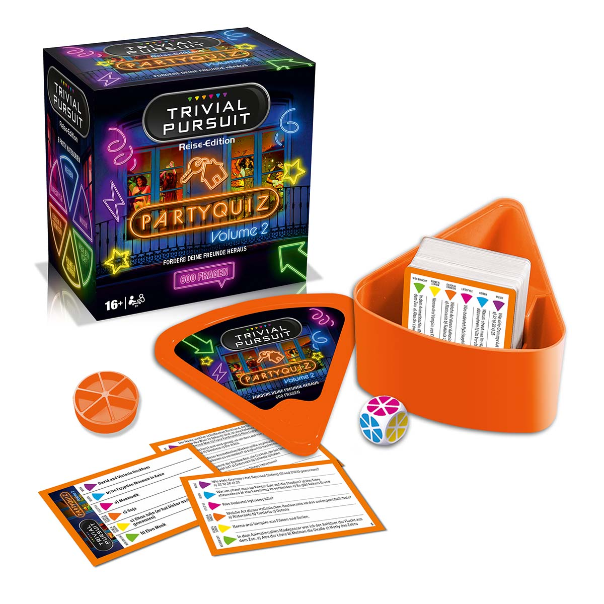 Trivial Pursuit Party Quiz Spielbox mit Spielsteinen und Karten. Orange, lila und schwarze Farben.