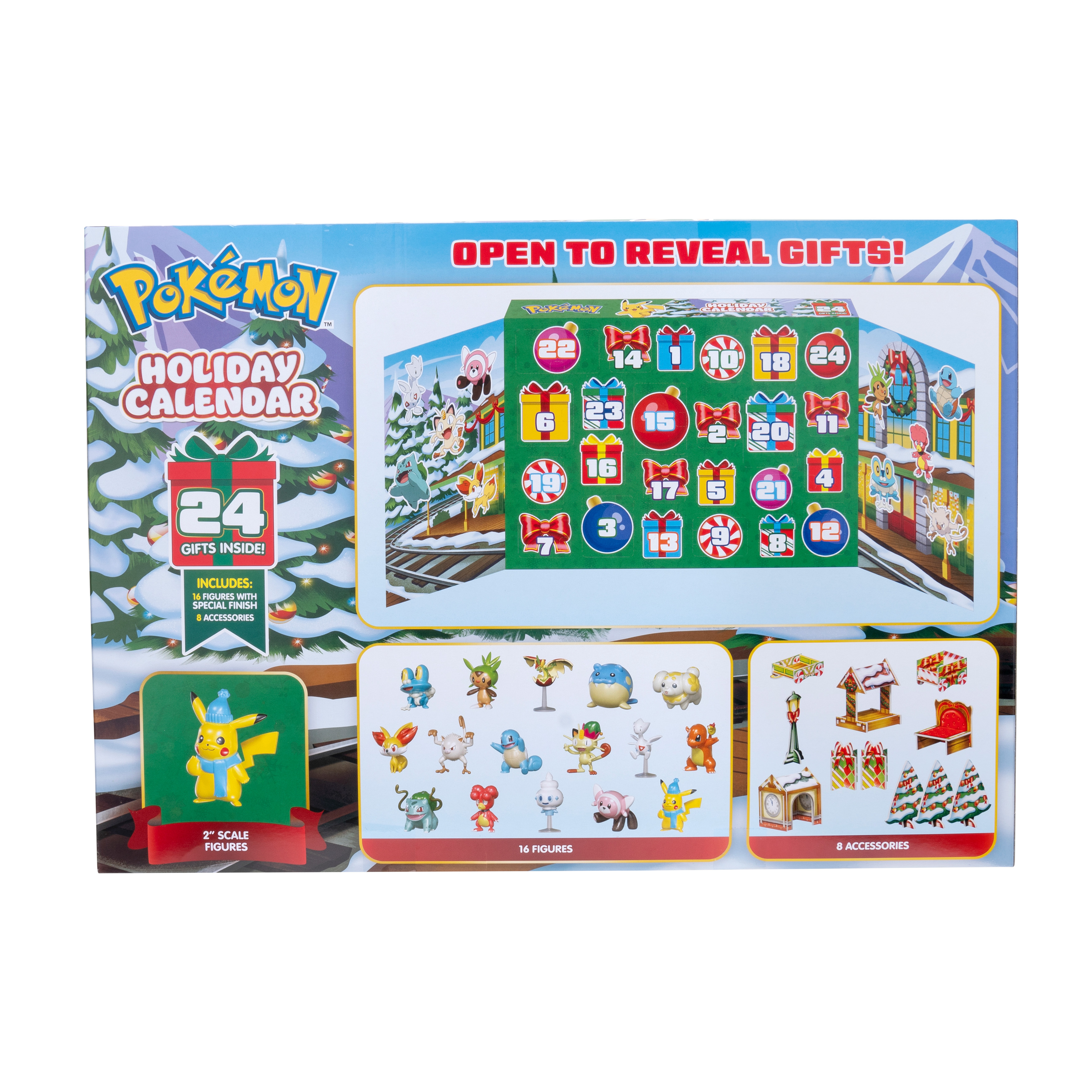 Ein Pokémon-Adventskalender mit 24 Geschenken, Figuren und Zubehör, mit verschneitem Hintergrund.