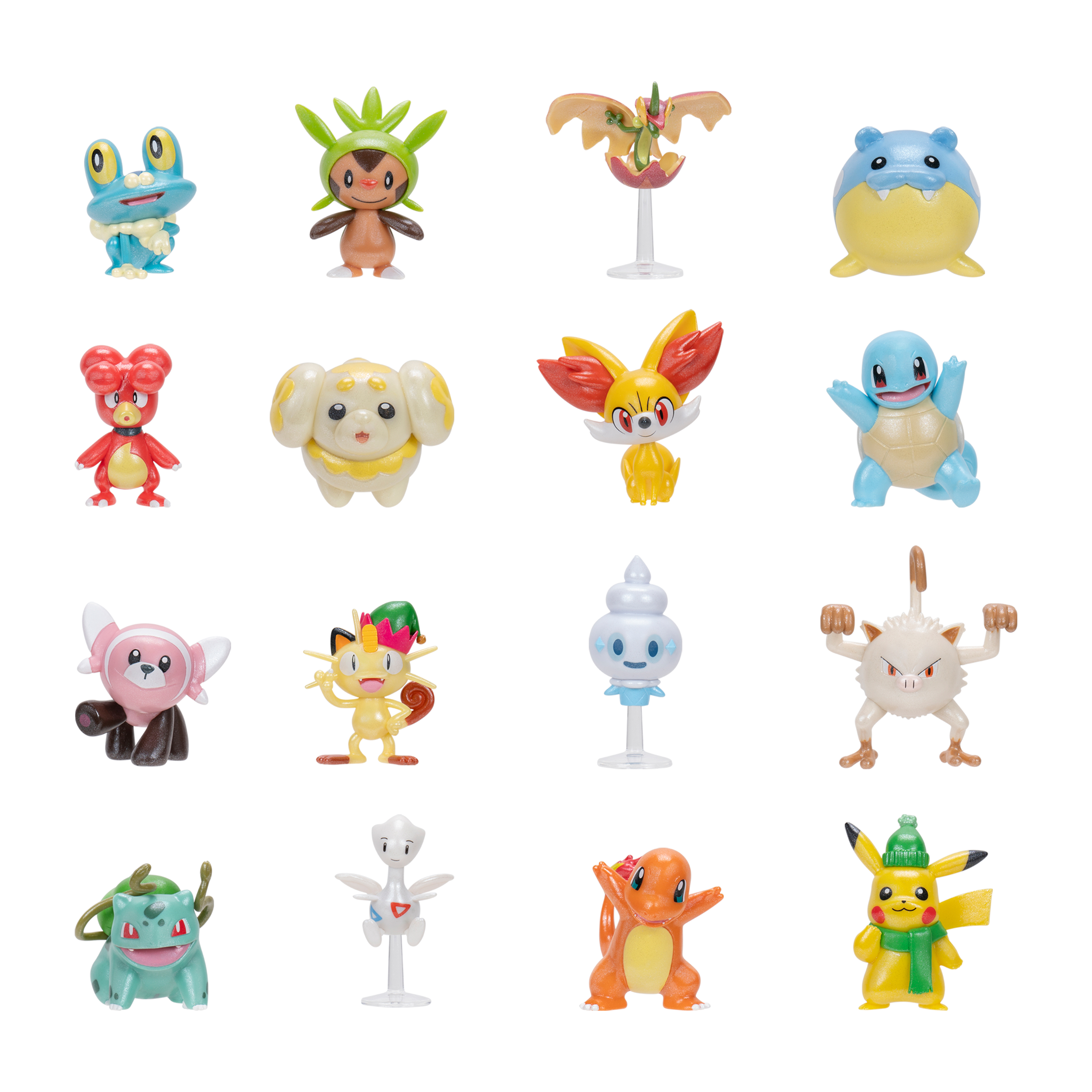 Eine Sammlung von sechzehn bunten Pokémon-Figuren, jede auf einem Ständer.