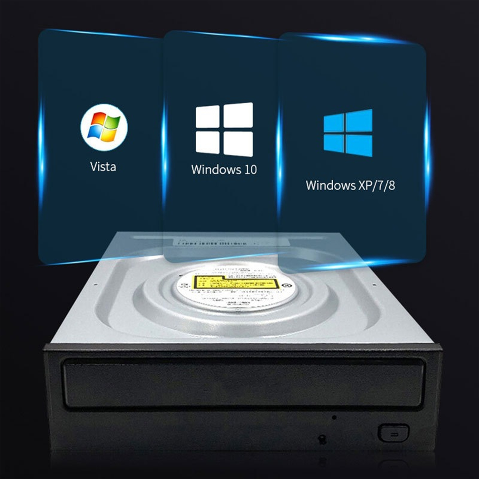 DVD-Laufwerk mit Symbolen für Windows Vista, 10 und XP/7/8. Das Laufwerk befindet sich unter den Symbolen.