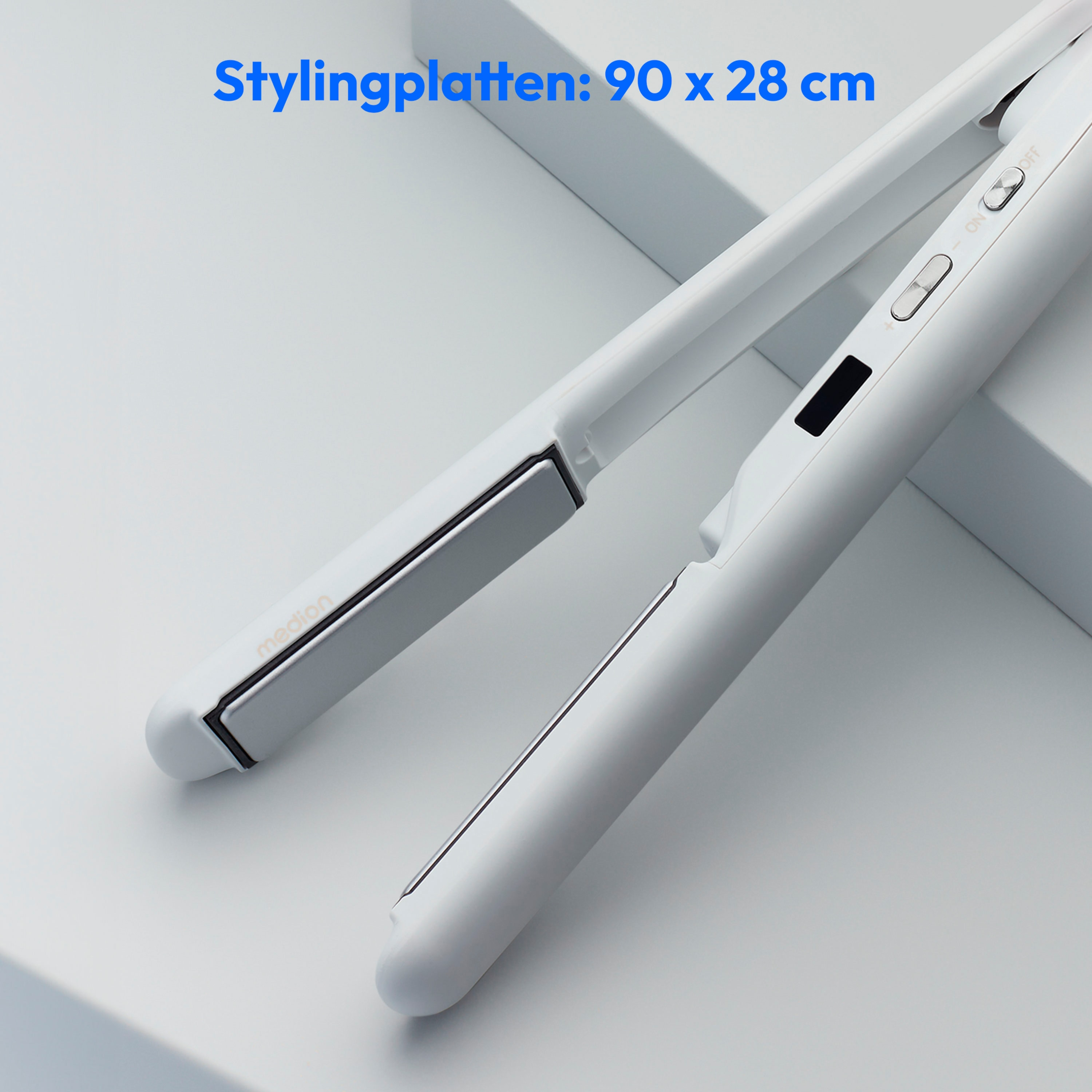 Witte stijltang, stylingplaten: 90x28 cm. Close-up van het apparaat.