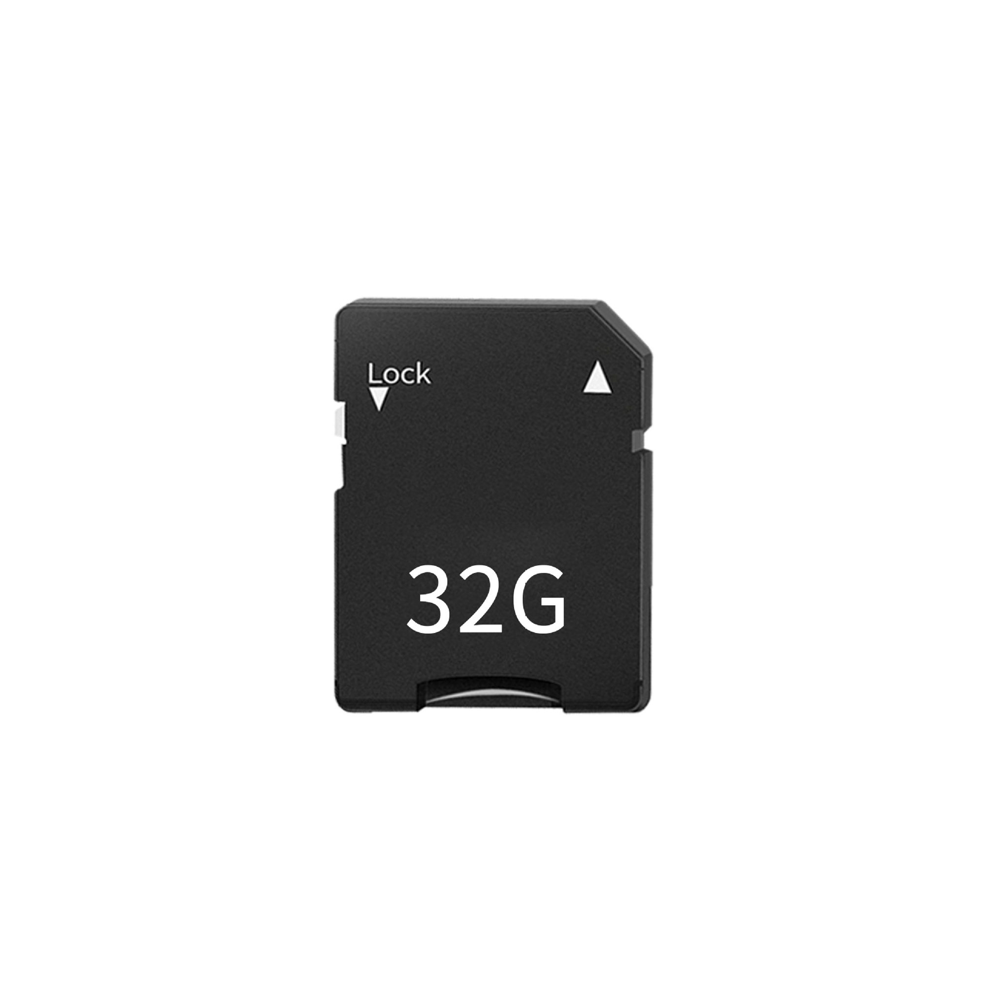 Schwarze 32G SD-Karte mit einem Verriegelungsschalter. Weißer Text "32G".