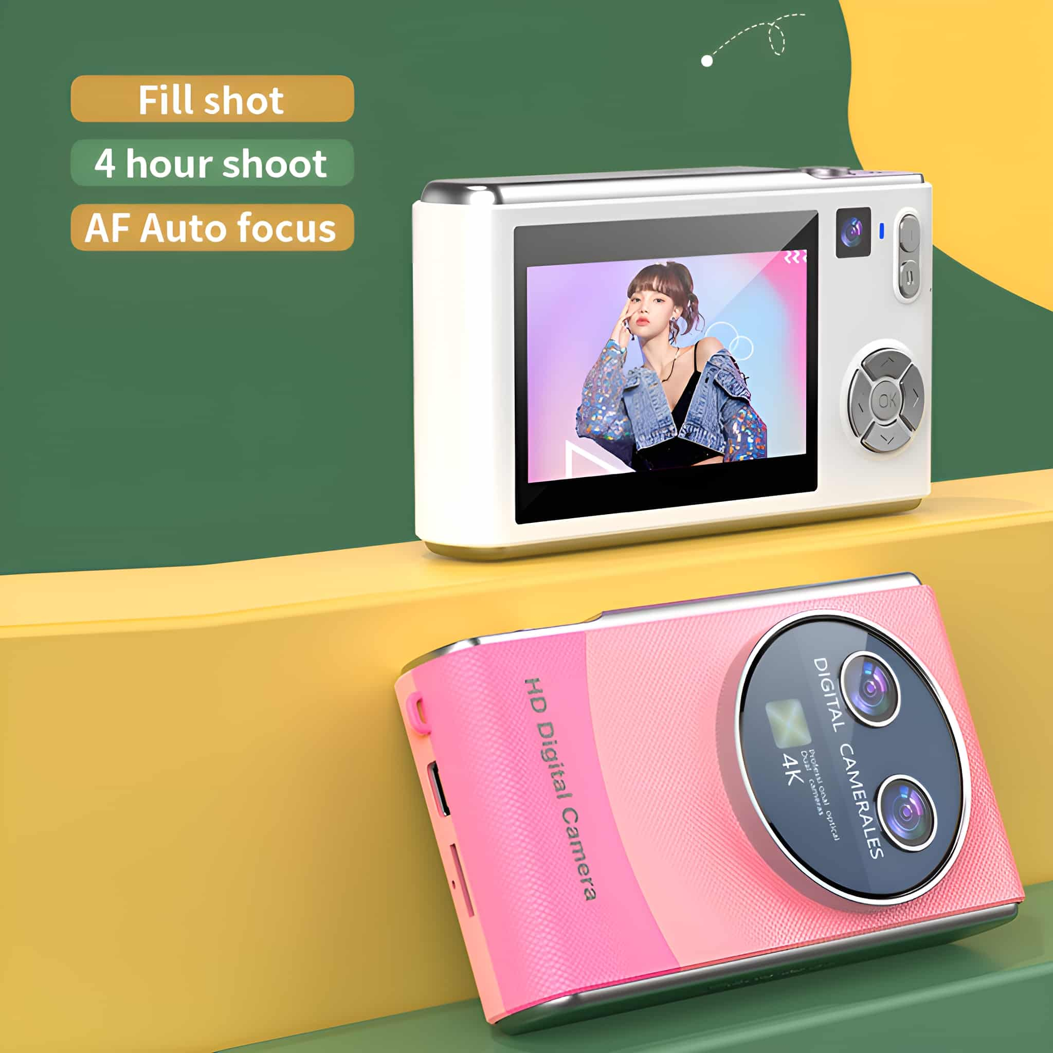 Zwei Digitalkameras, eine rosa und eine weiße, mit einem Bild auf der weißen Kamera.