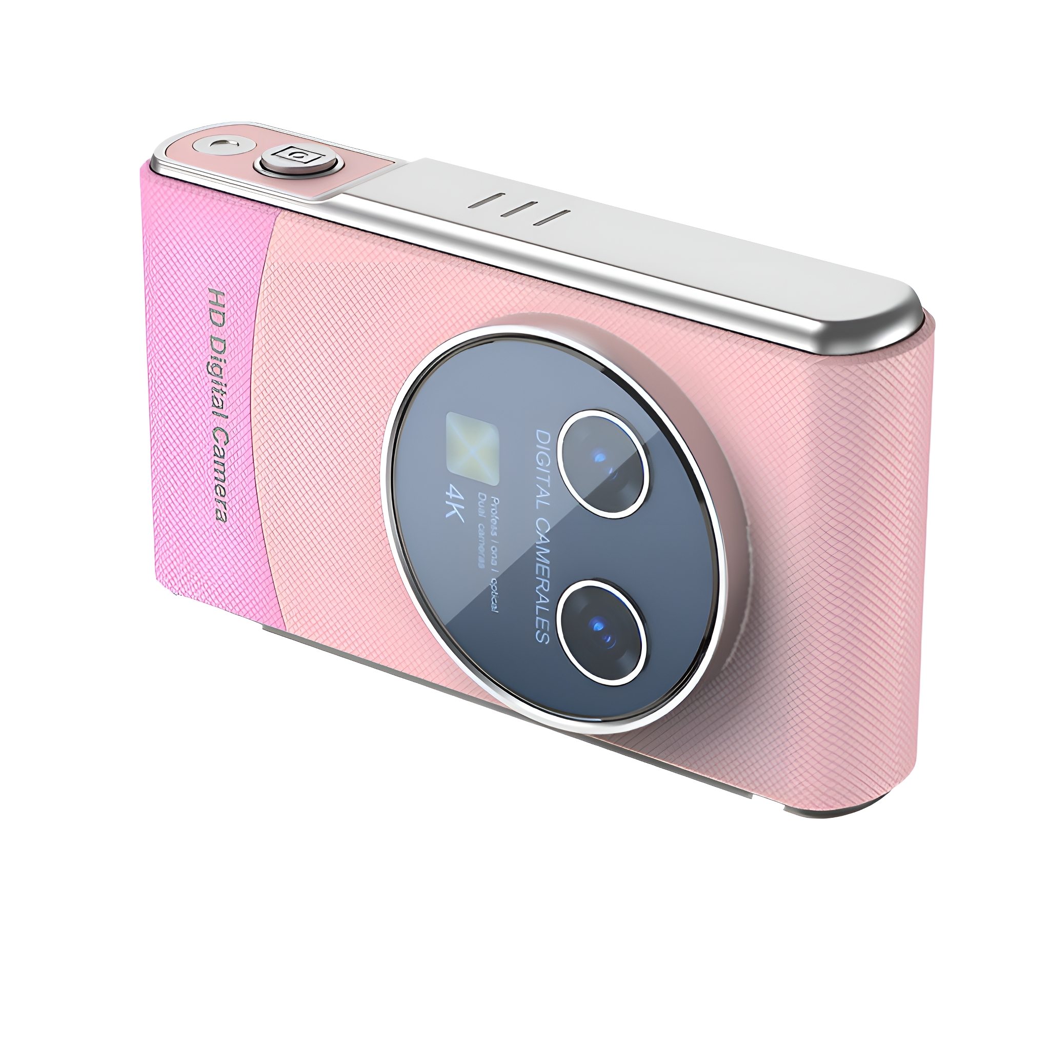 Rosa Digitalkamera mit schwarzem Objektiv. Sie ist rechteckig mit abgerundeten Ecken. Weißer Hintergrund.