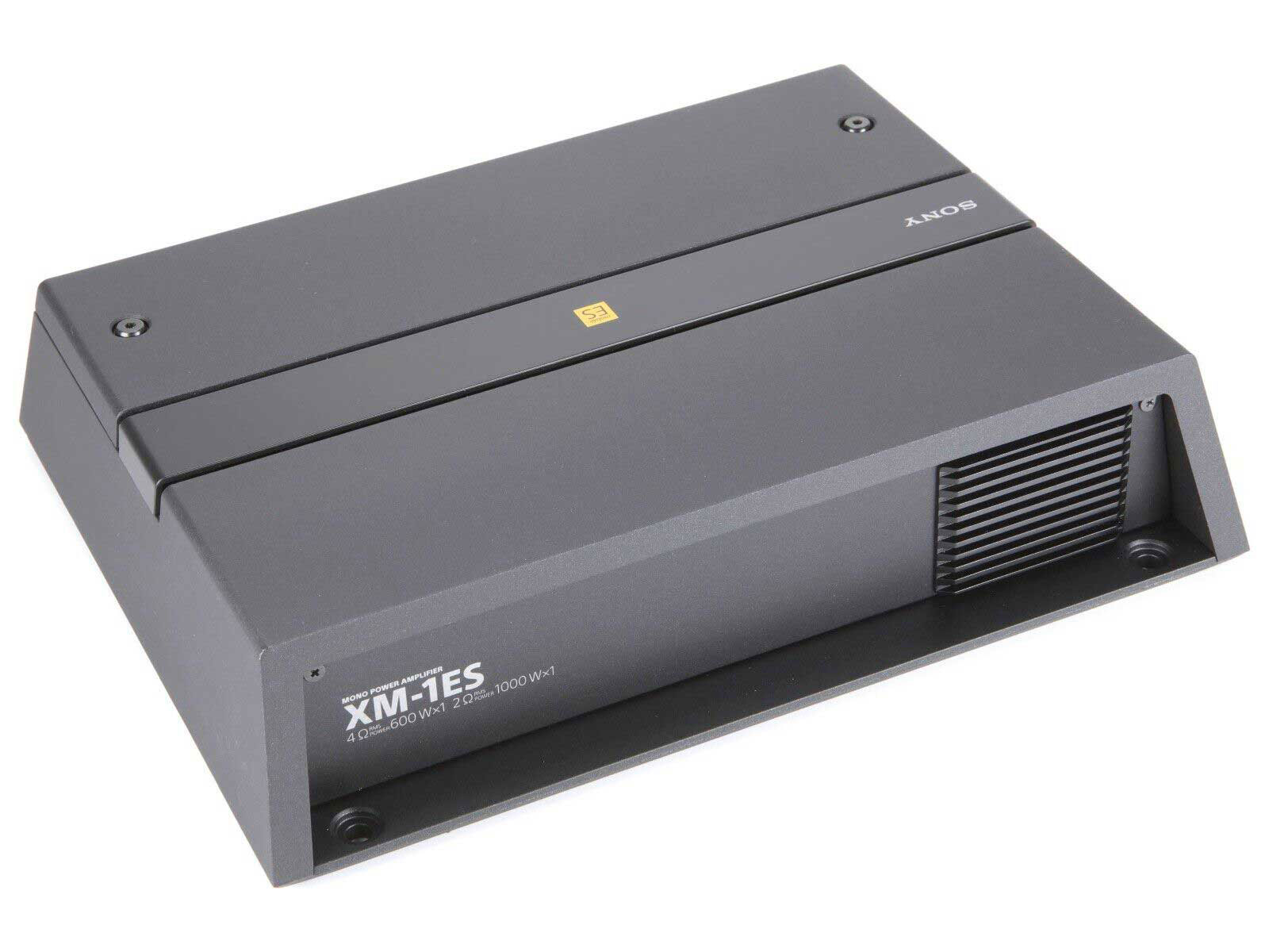 Ein schwarzer rechteckiger Audioverstärker mit Sony und anderem Text, auf weißem Hintergrund.
