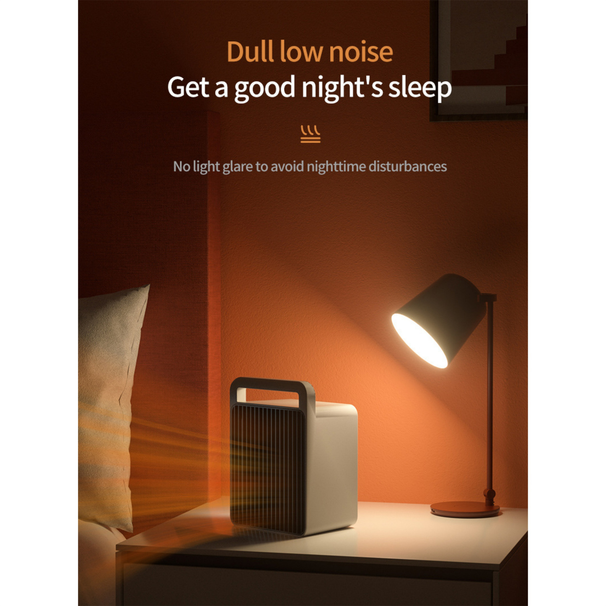 Weißer Heizlüfter mit Lampe auf einem Nachttisch. Ein orangefarbener Hintergrund.