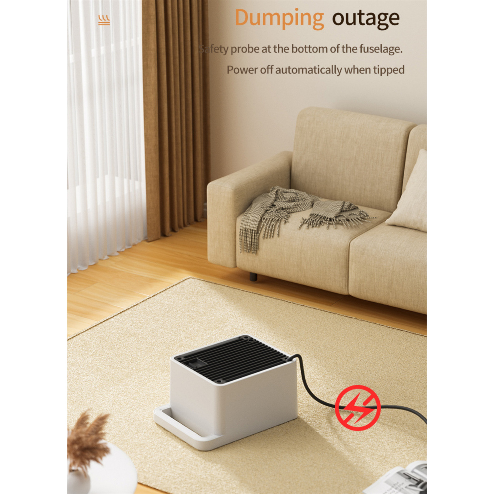 Eine weiße Heizung auf dem Boden. Ein roter Blitz befindet sich in der Nähe des Netzkabels.