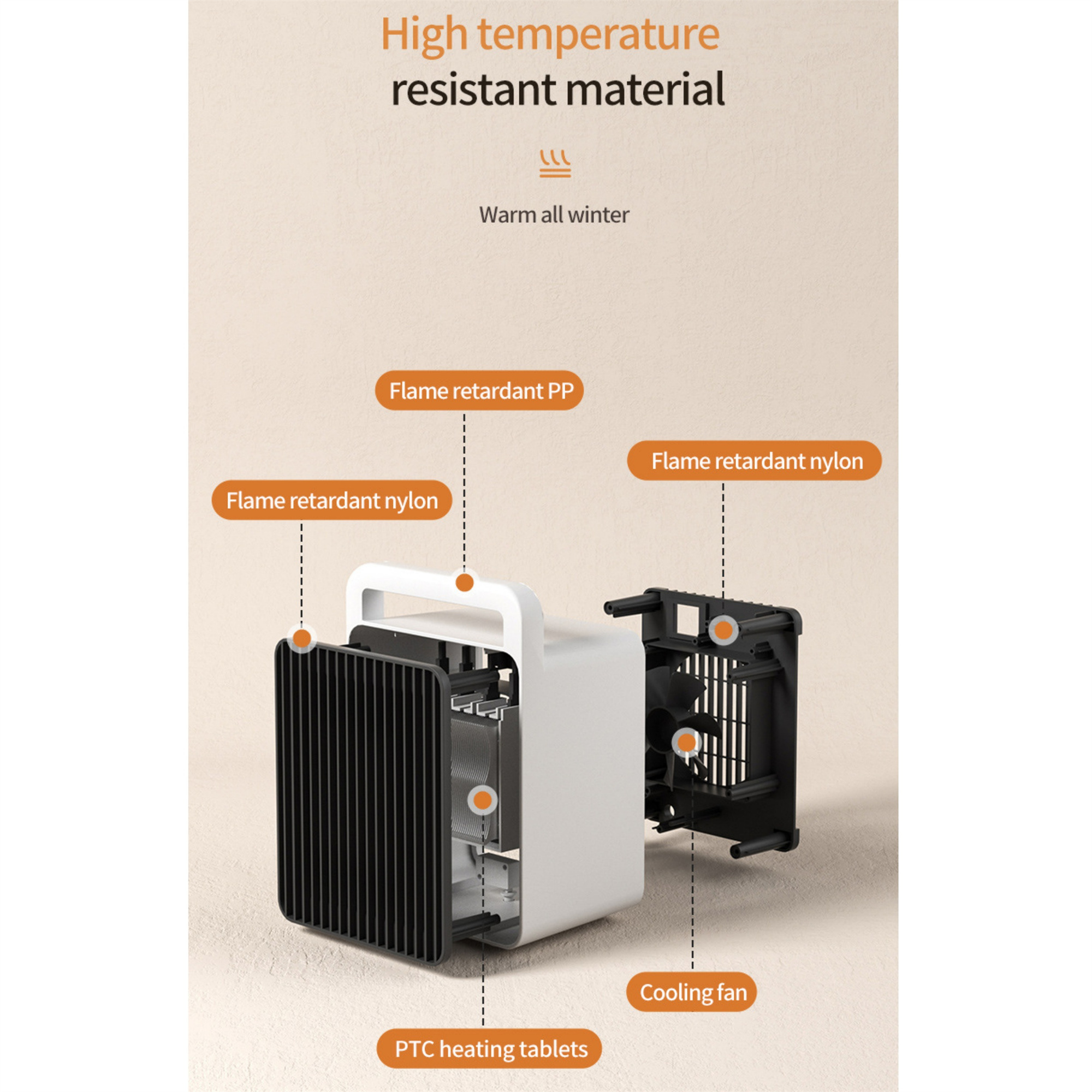 Weißer und schwarzer Heizlüfter mit Kühlventilator und PTC-Heiztabletten.