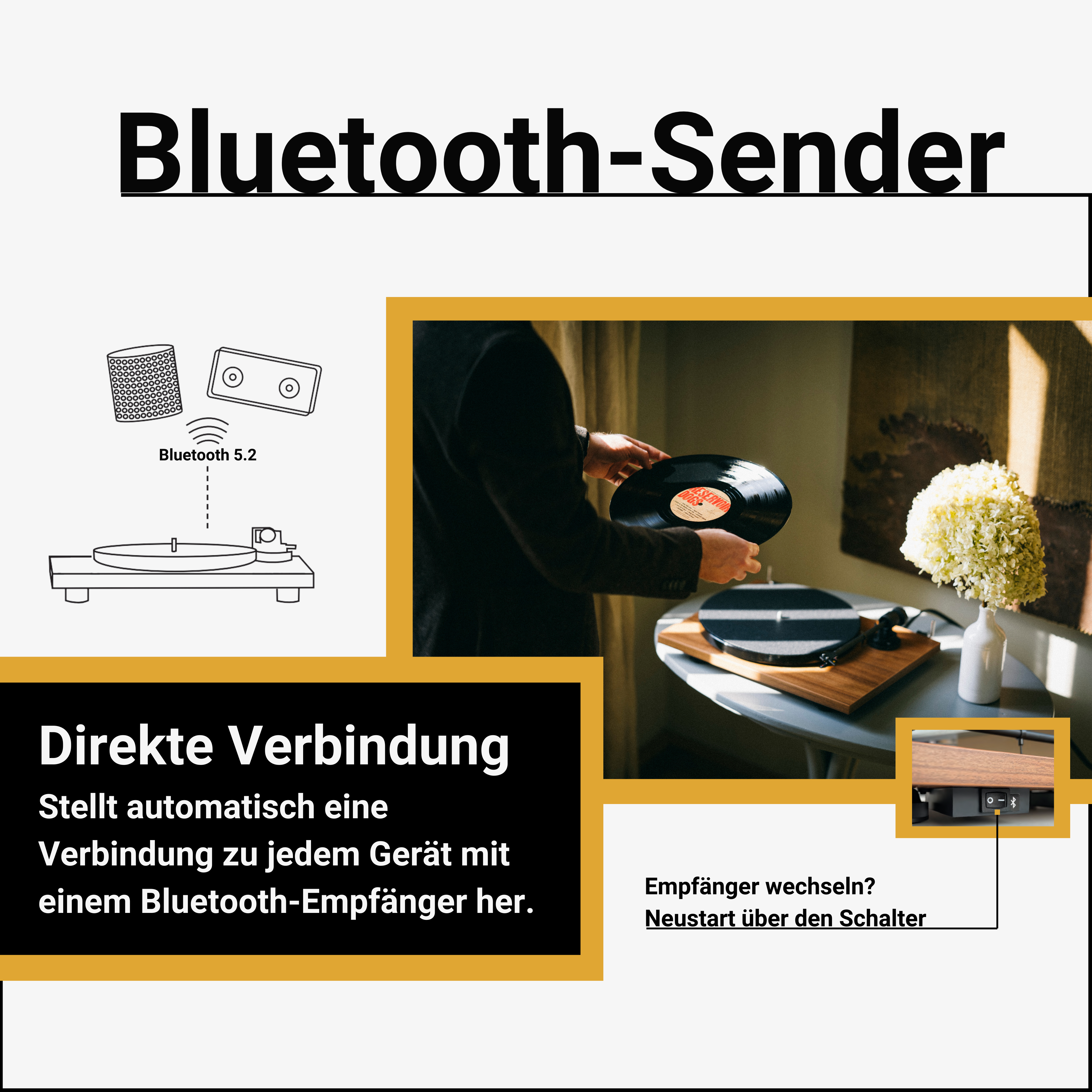 Infografika z gramofonem, osobą trzymającą płytę, schemat pokazujący połączenie Bluetooth.