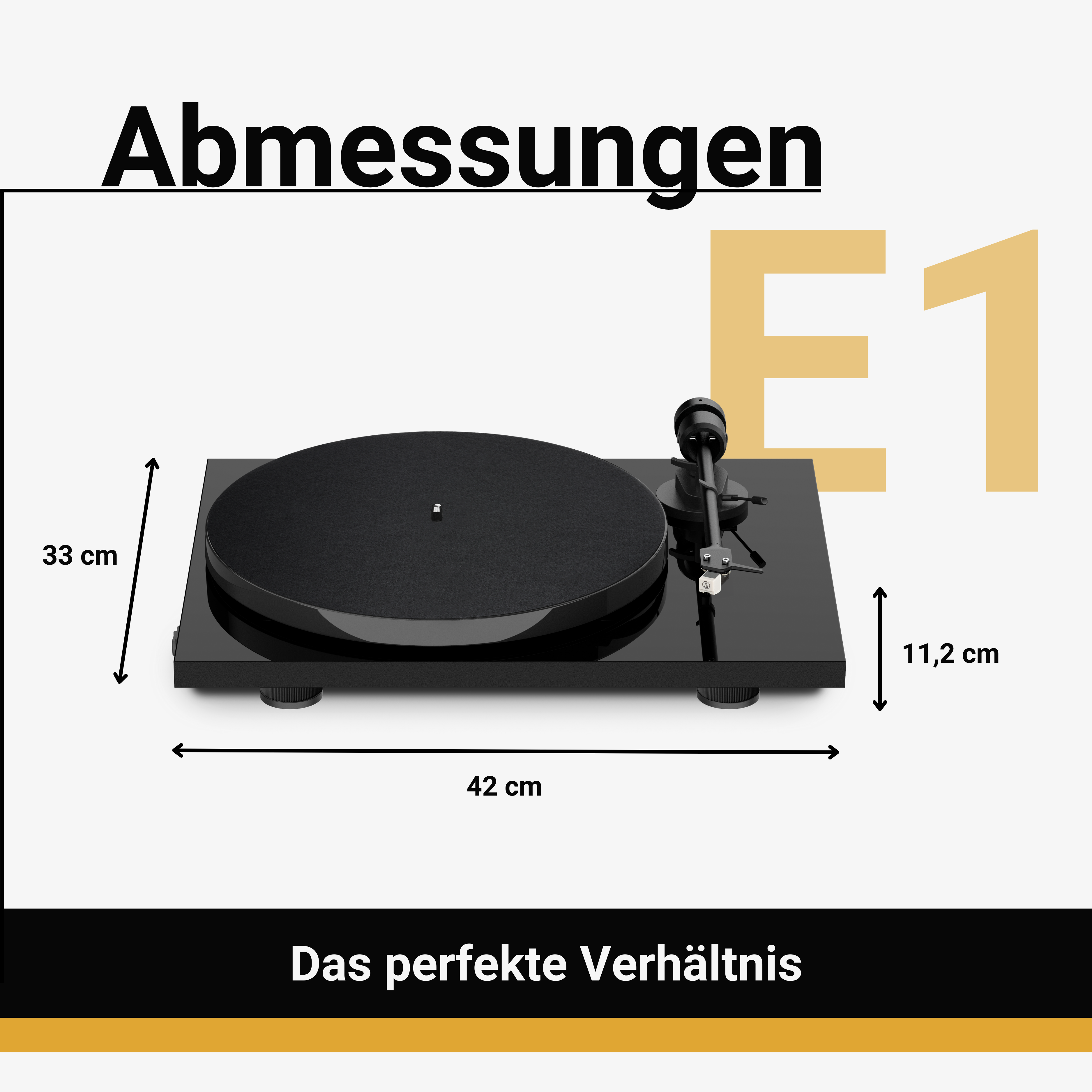Czarny gramofon z wymiarami. Tekst mówi 'Das perfekte Verhältnis' i 'Abmessungen'.