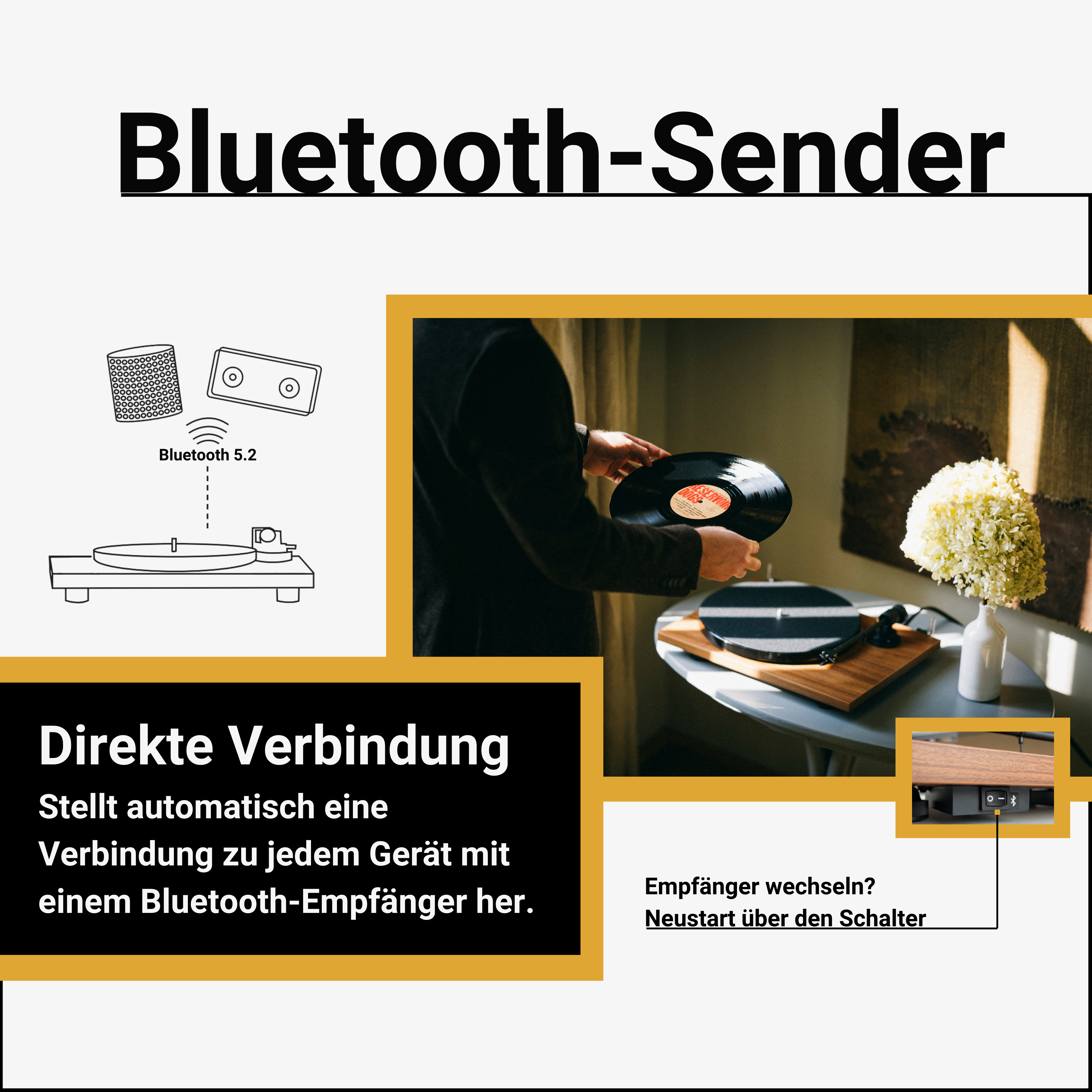 Een illustratie die een Bluetooth-zender beschrijft, met een platenspeler, een man die een plaat vasthoudt en een bloemenvaas.