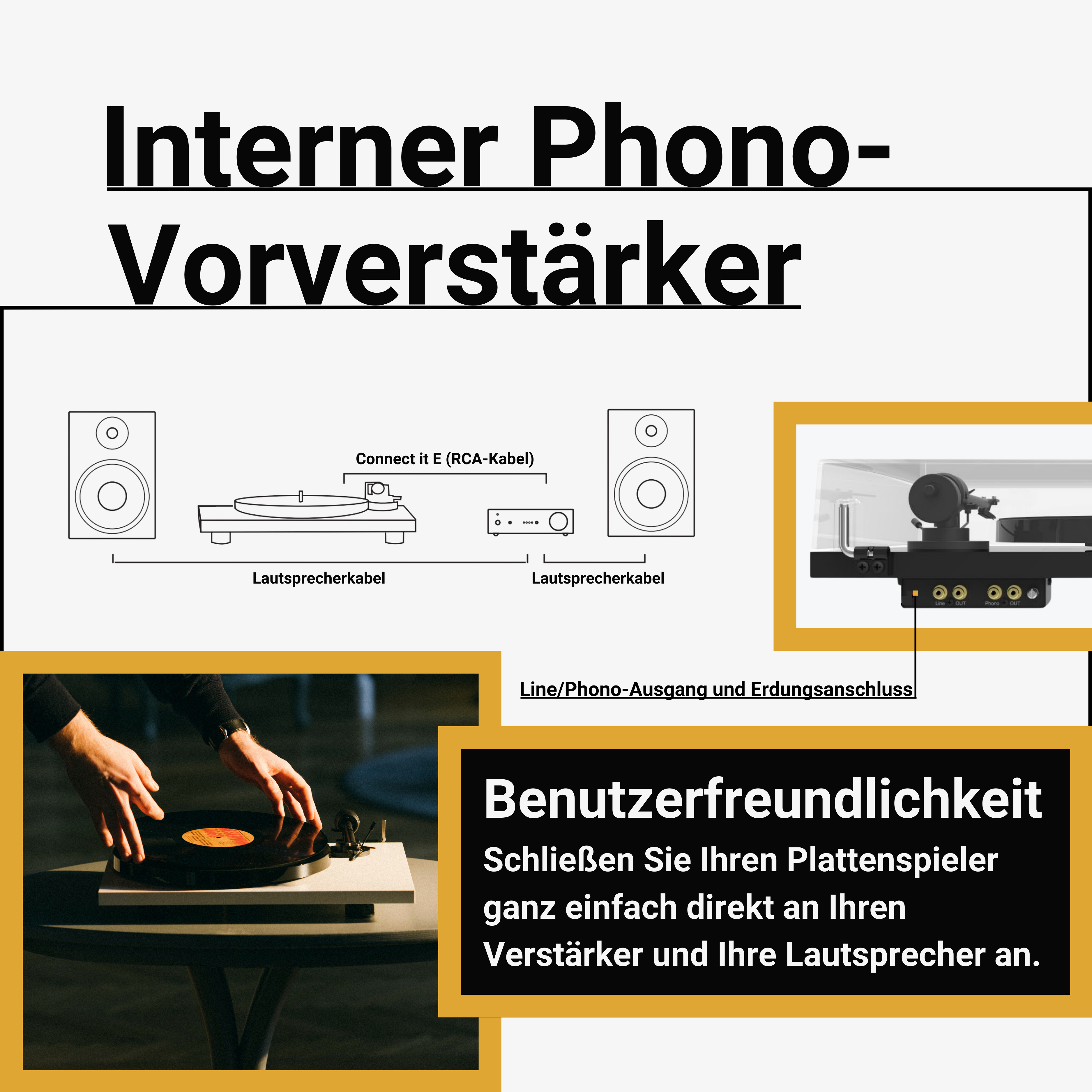 Afbeelding toont een audio-opstelling: luidsprekers, een platenspeler en verbindingskabels.