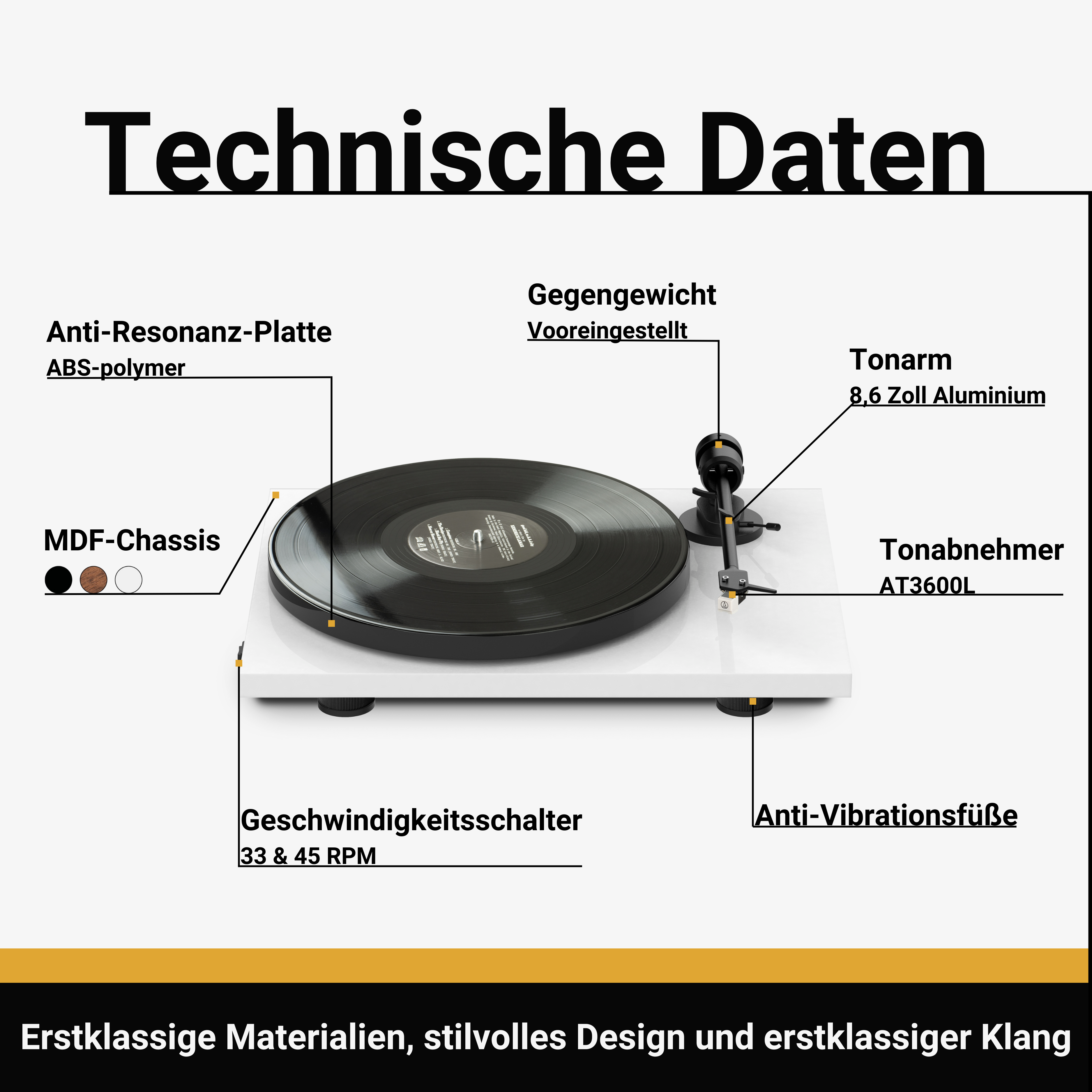 Witte platenspeler met zwarte vinylplaat, gelabeld met technische details en productnamen.
