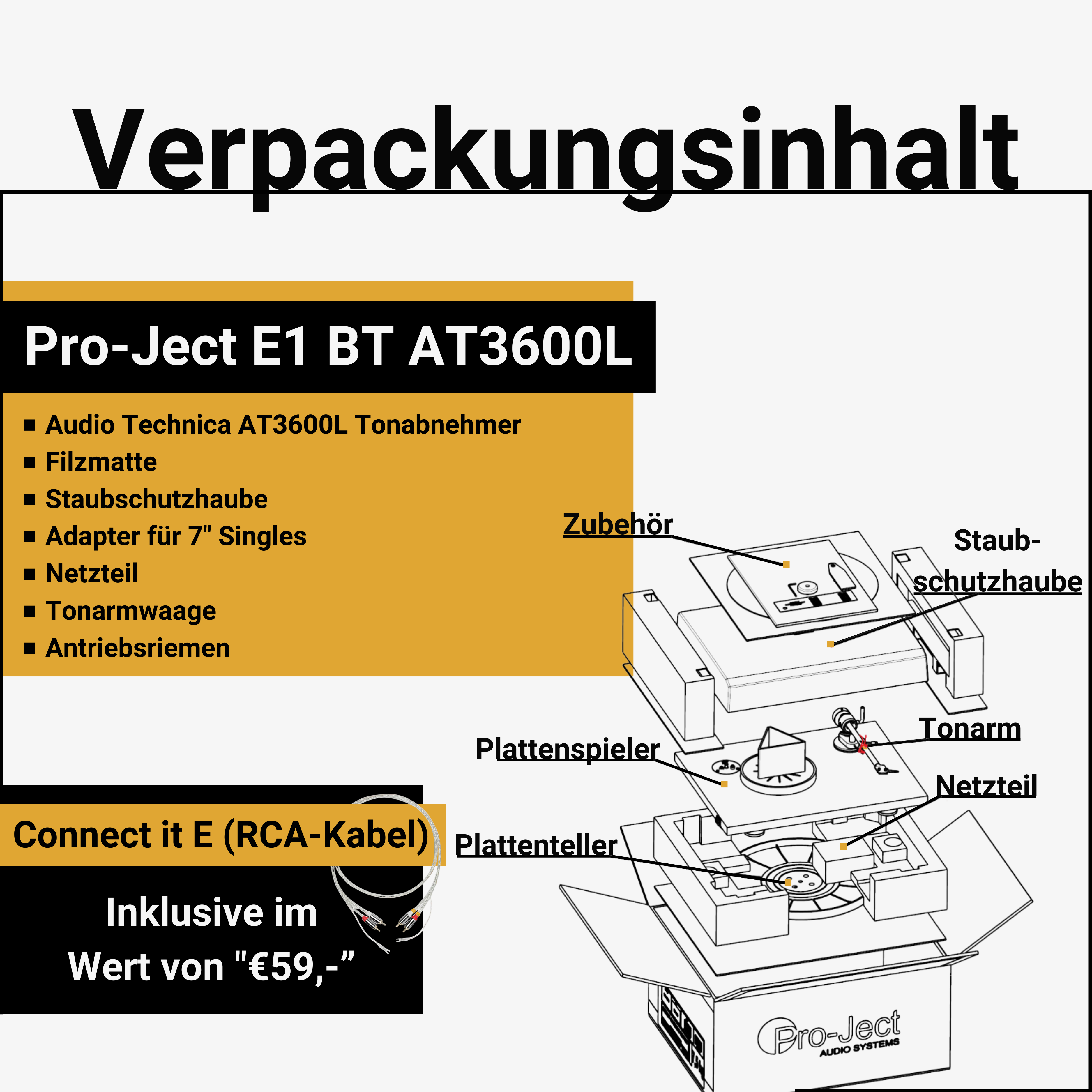 Diagram van de Pro-Ject E1 BT AT3600L draaitafel met gelabelde componenten. Tekst overlay.