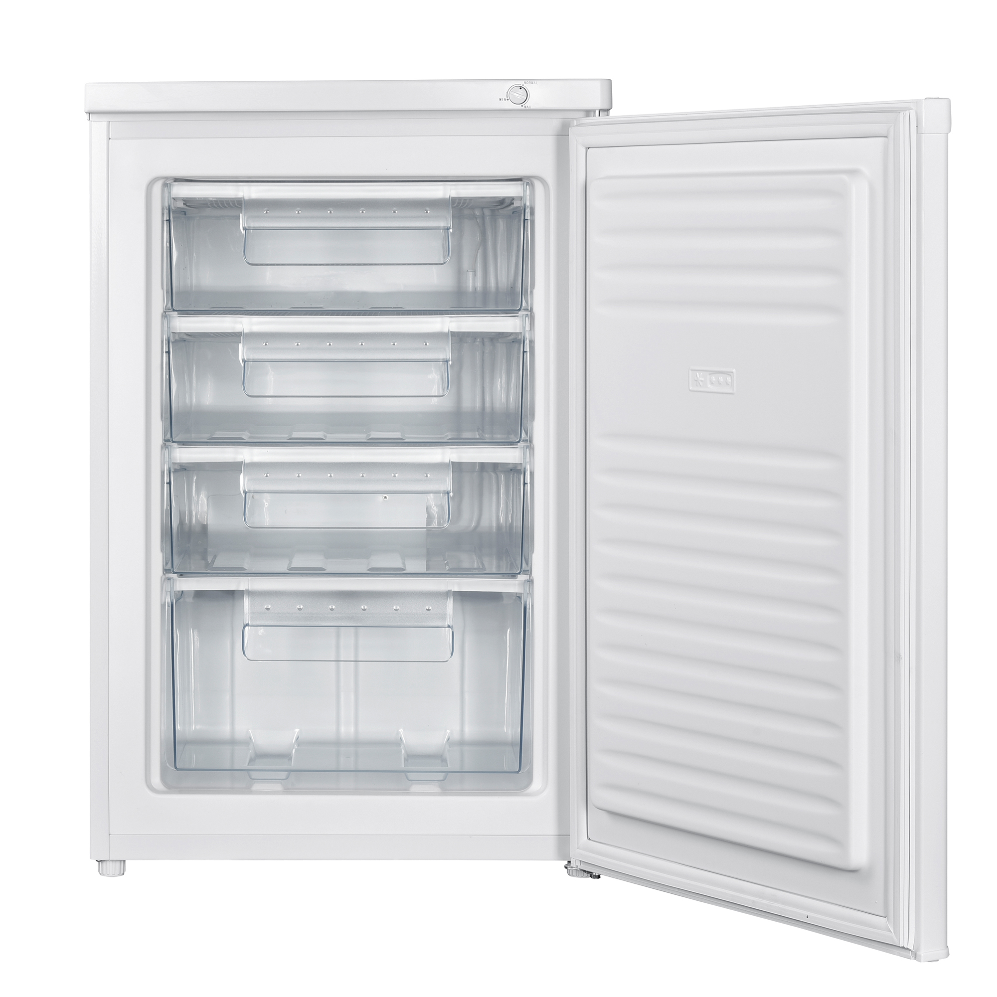 Congelador blanco con cuatro cajones transparentes, puerta abierta, sobre fondo blanco.