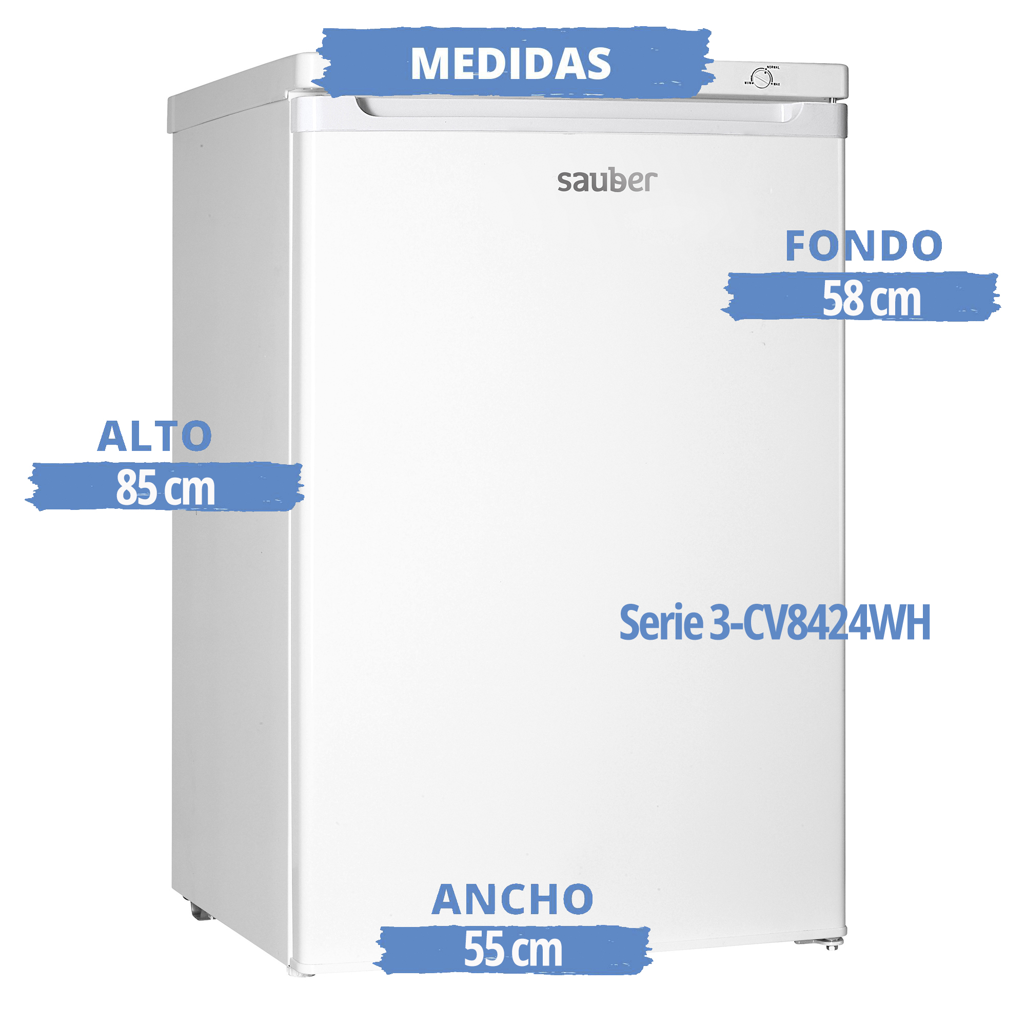 Refrigerador blanco con dimensiones etiquetadas, texto y un logotipo. El refrigerador está sobre un fondo blanco.