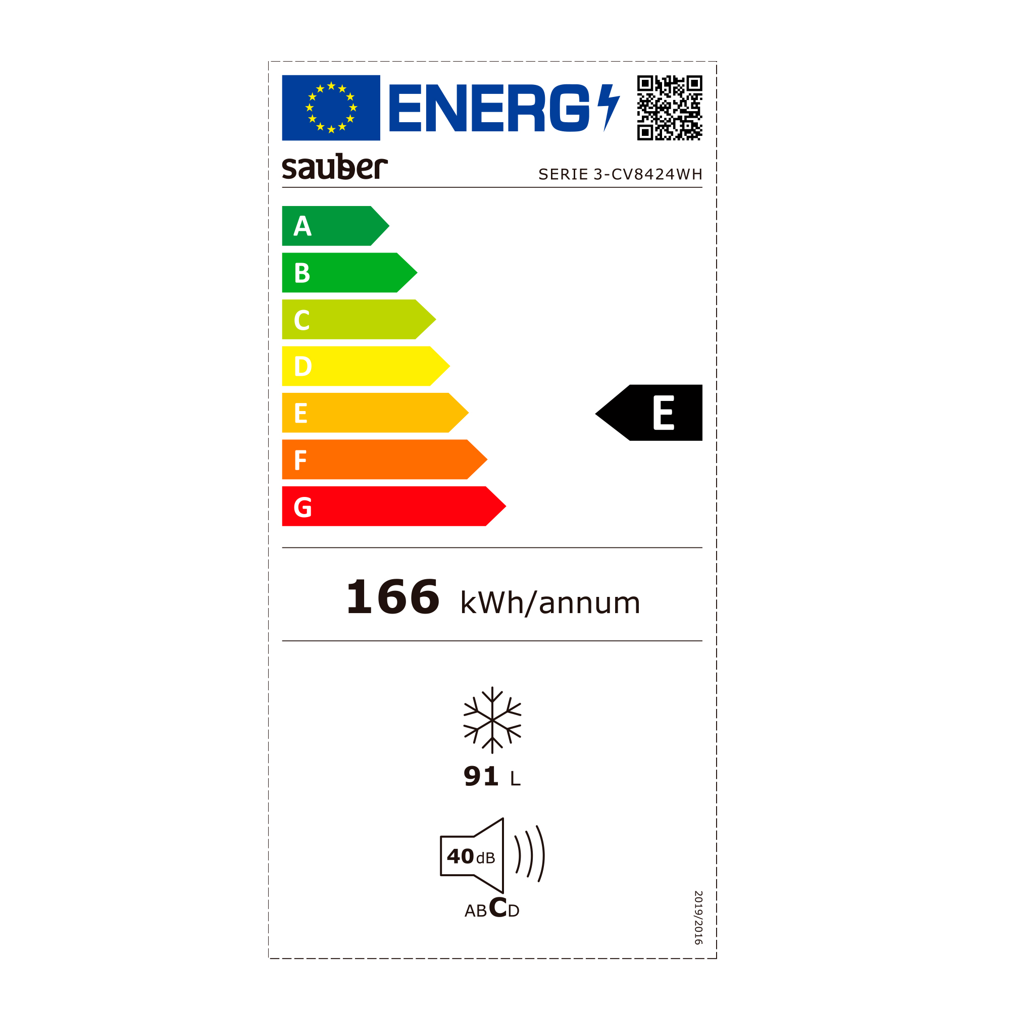 Etiqueta energética blanca y verde con el logo Sauder y detalles. Fondo blanco.