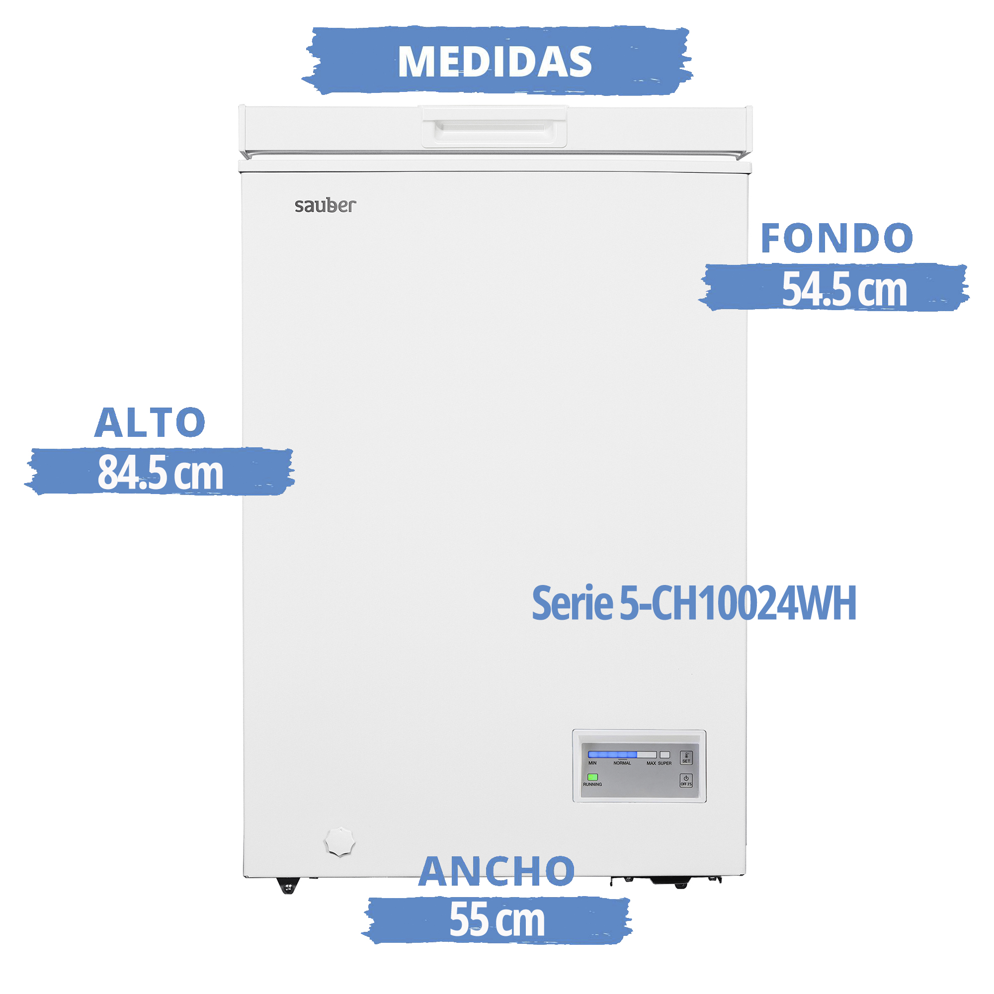 Congelador blanco con medidas: Alto 84.5cm, Ancho 55cm, Fondo 54.5cm. Etiquetas de texto.