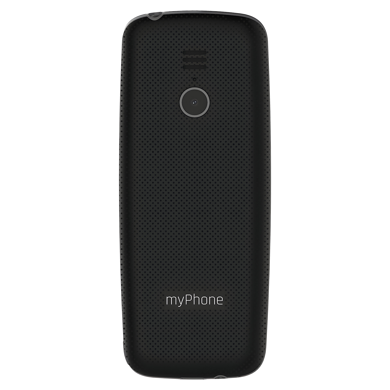 Tył czarnego myPhone. Pokazuje obiektyw aparatu, głośnik i nazwę marki.