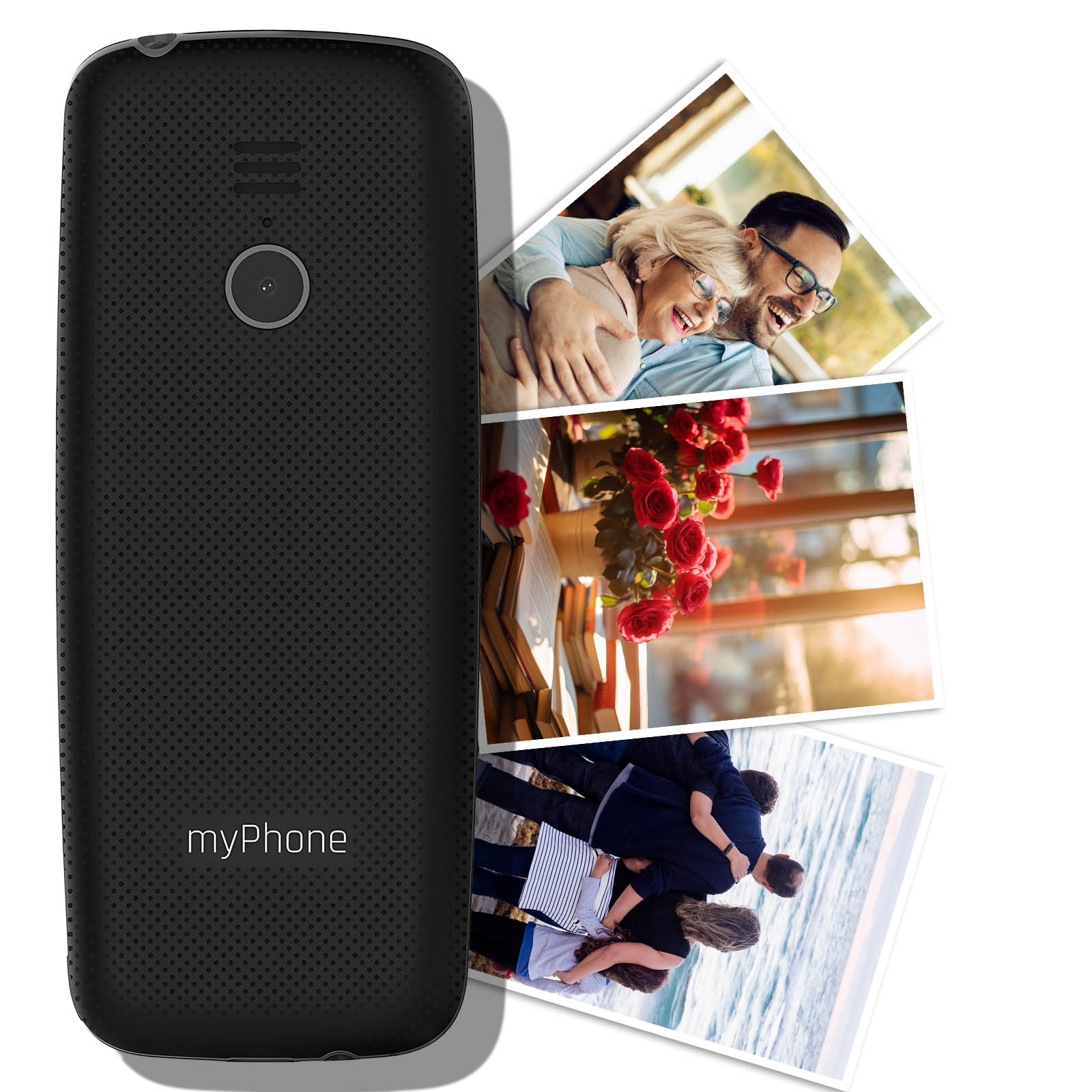 Czarny myPhone ze zdjęciami osób: para, bukiet i rodzina.