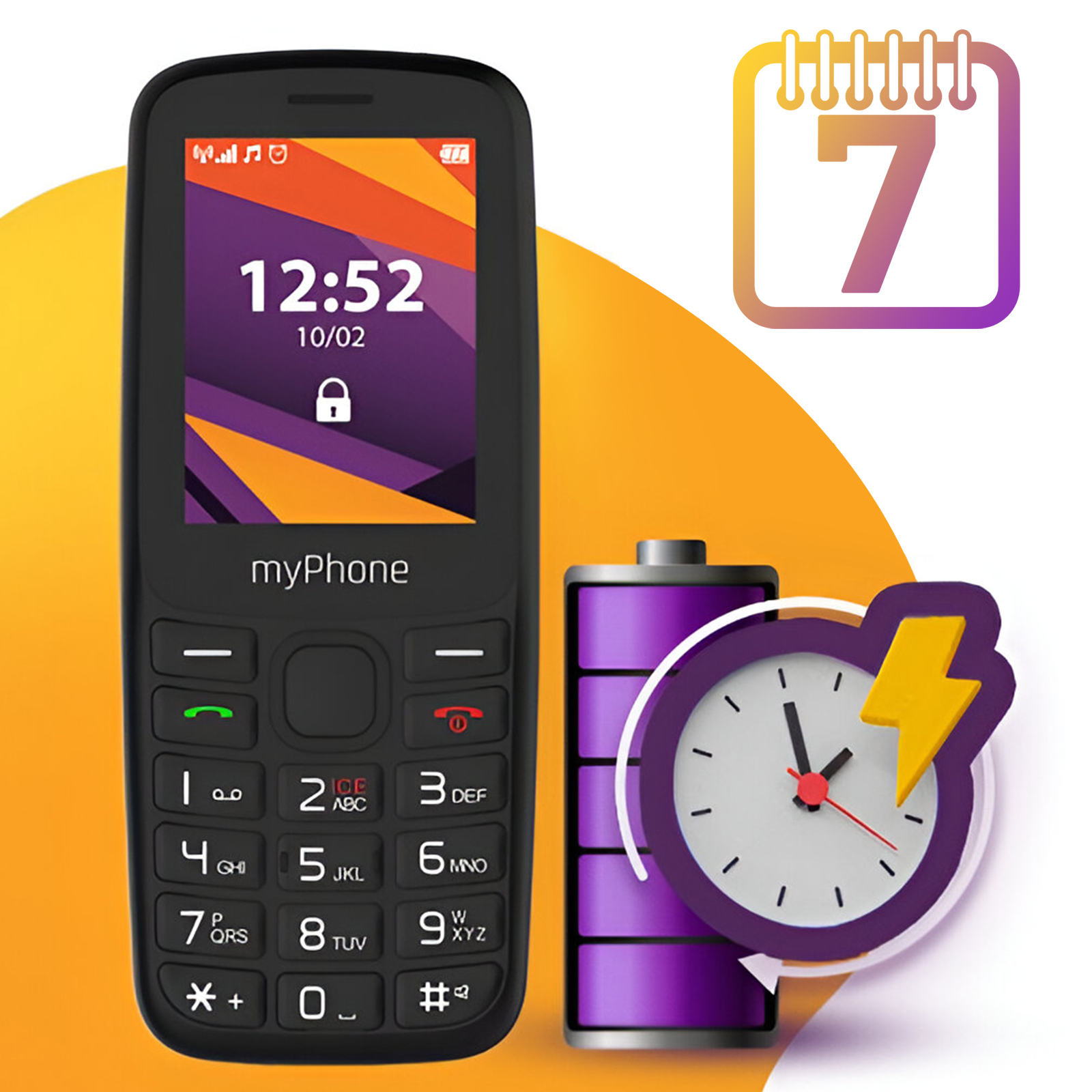 Czarny telefon komórkowy z wyświetlaczem czasu i baterii, z kalendarzem i baterią.