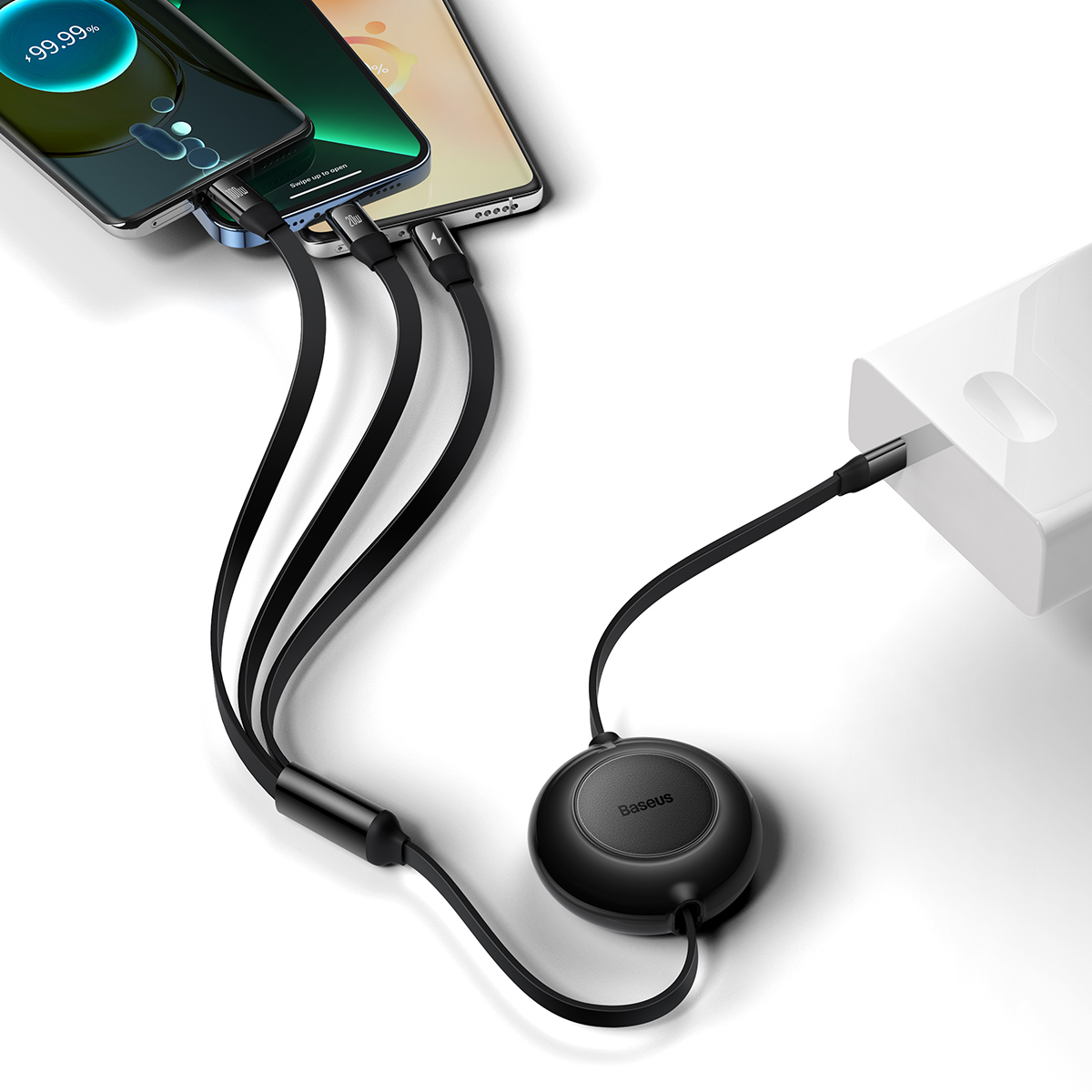 Multiple phones charging from a single charging base. Black charging cables.