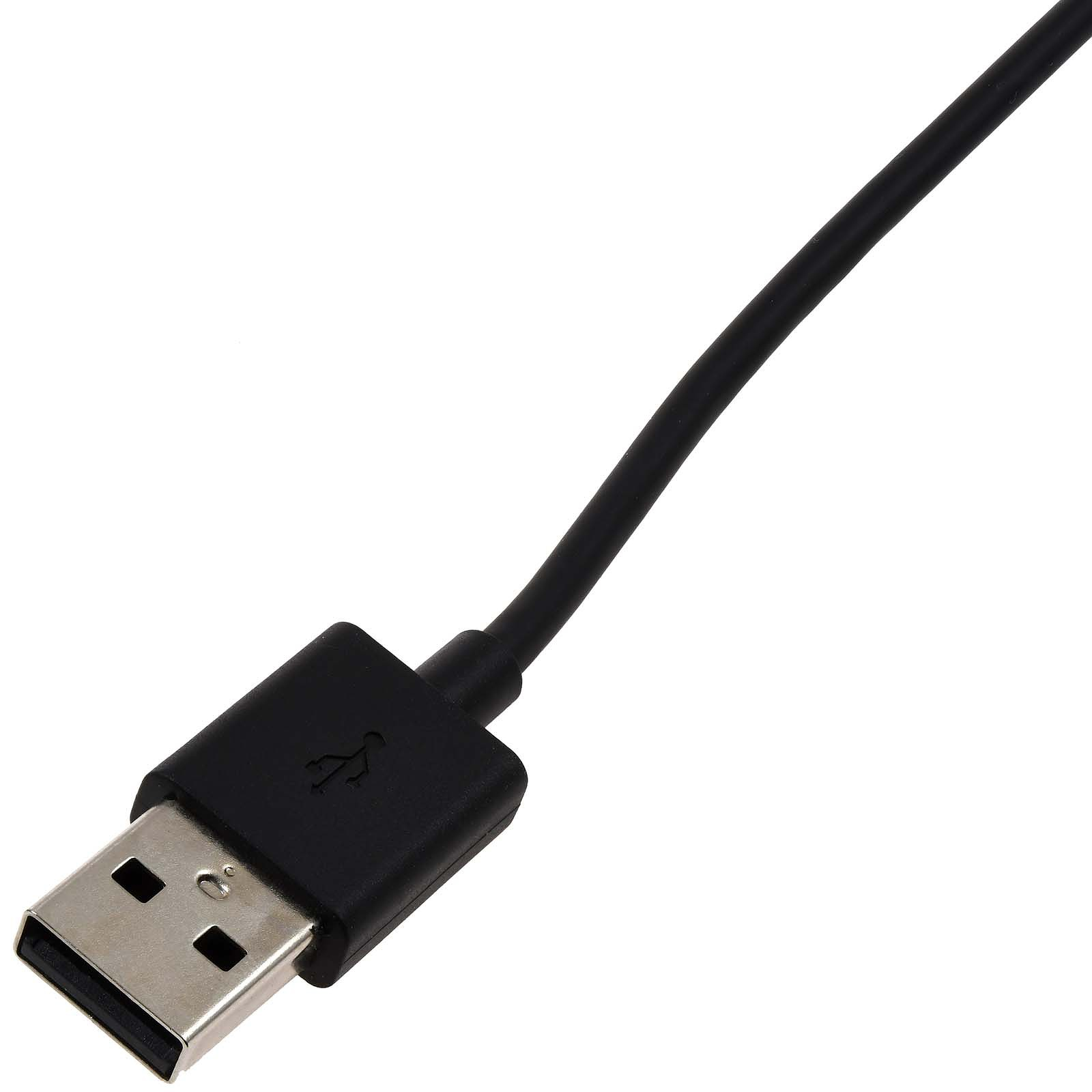 Schwarzes USB-Kabel mit rechteckigem USB-Anschluss. Das Kabel liegt auf einer weißen Oberfläche.